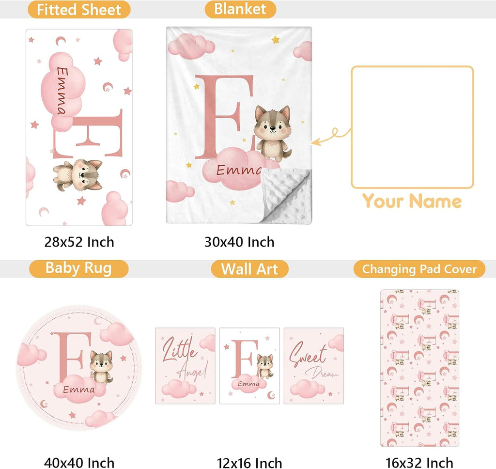Terwex Personalized Crib Bedding Set, 5 Pcs Custom Nursery Bedding Sets with Name, Infant Bedding Set for Baby Girls Boys, Pink Fox Double Layer Baby Crib Set, Toddlers Babies Kids Customized Gifts