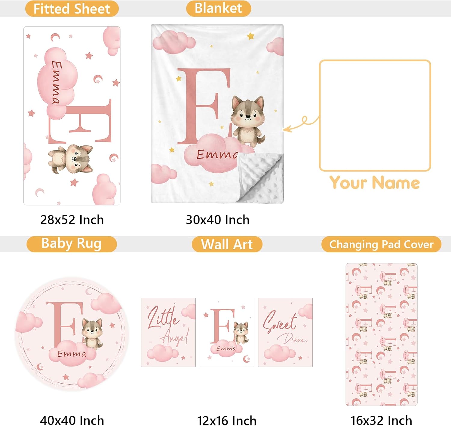 Terwex Personalized Crib Bedding Set, 5 Pcs Custom Nursery Bedding Sets with Name, Infant Bedding Set for Baby Girls Boys, Pink Fox Double Layer Baby Crib Set, Toddlers Babies Kids Customized Gifts