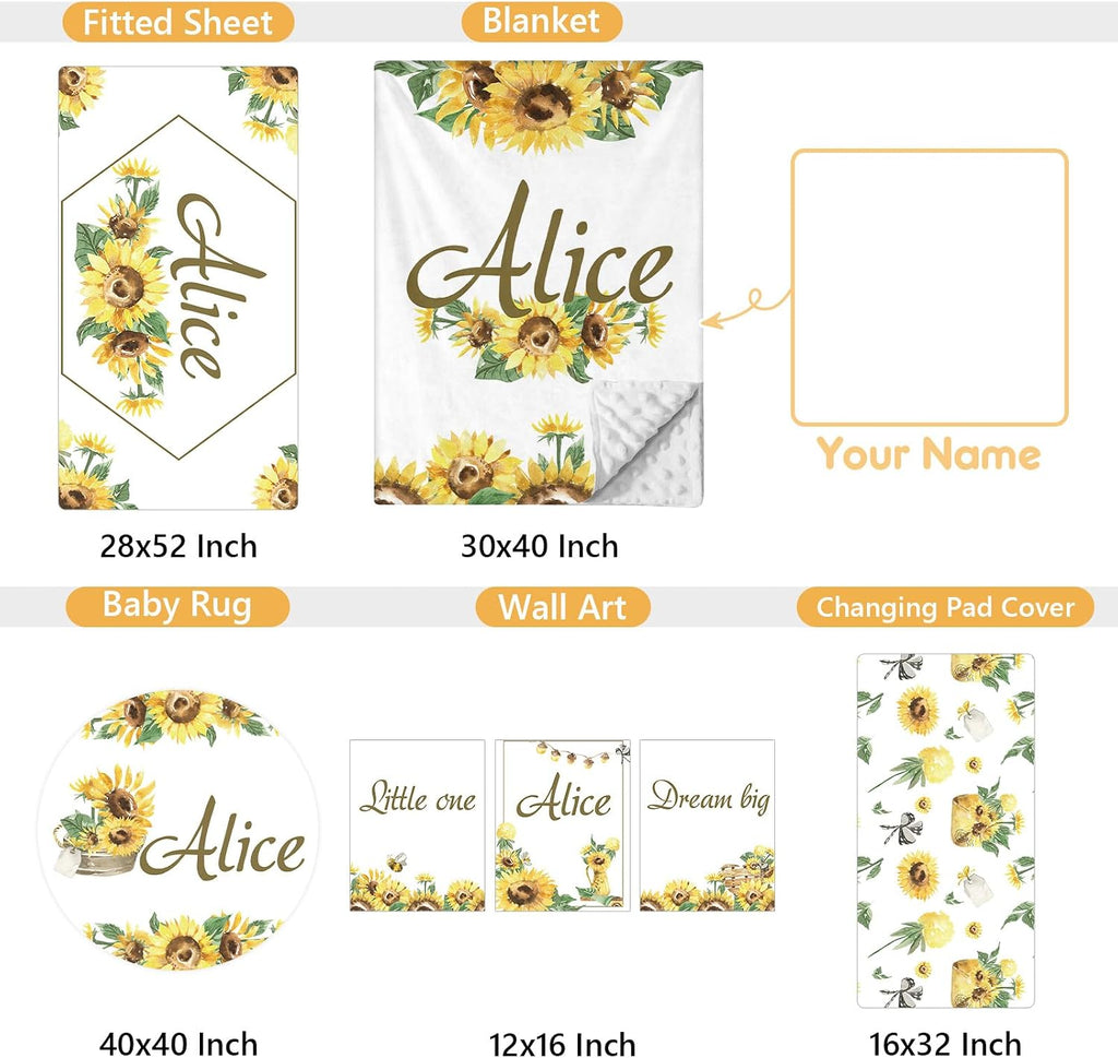 Terwex Personalized Baby Bedding Set - 5 Pcs Custom Infants Bedding Set with Infant Name - Double Layer Nursery Crib Set for Girls Boys - Customized Gifts for Toddler Baby Shower - Yellow Sunflower
