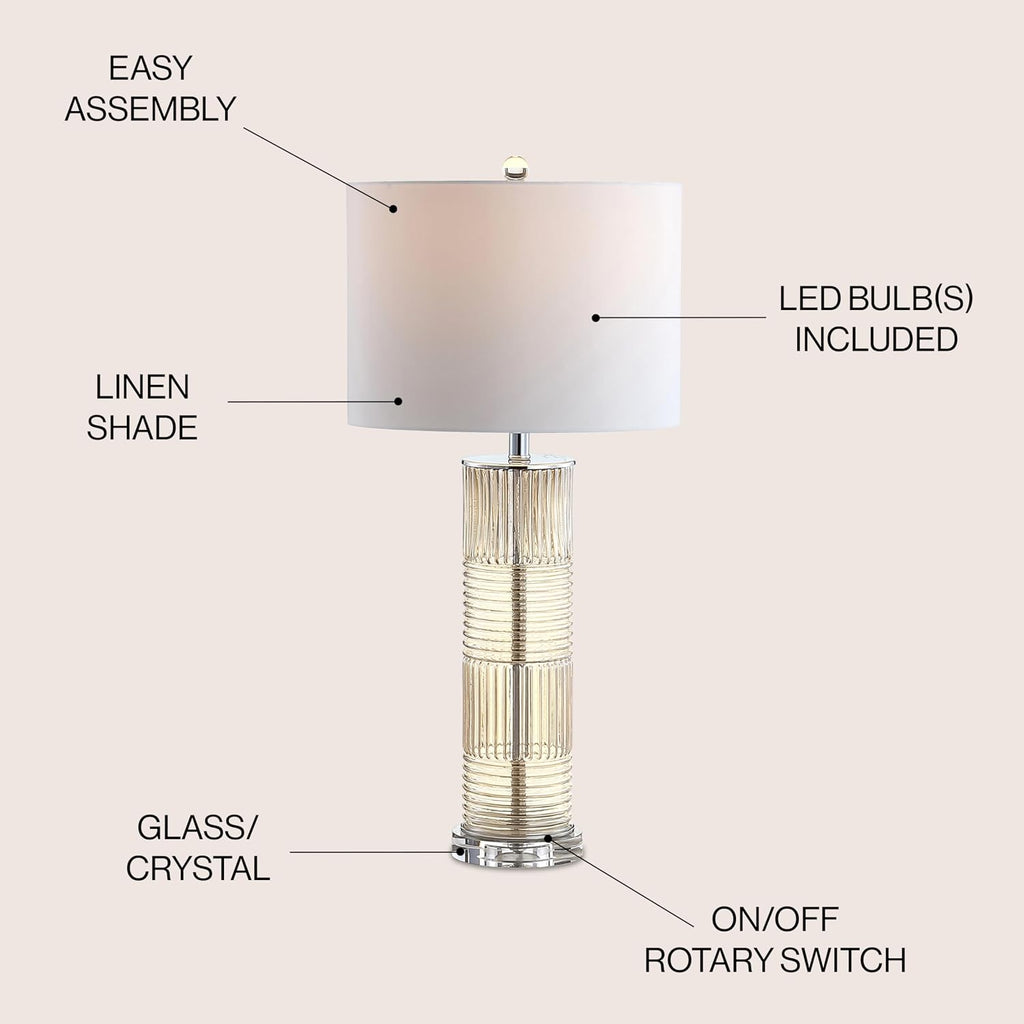 JONATHAN Y 30' Champagne Glass and Crystal Table Lamp, Contemporary Transitional Pillar Lamp for Living Room Bedroom, White Faux Silk Drum Shade, LED Bulb Included JYL2064A