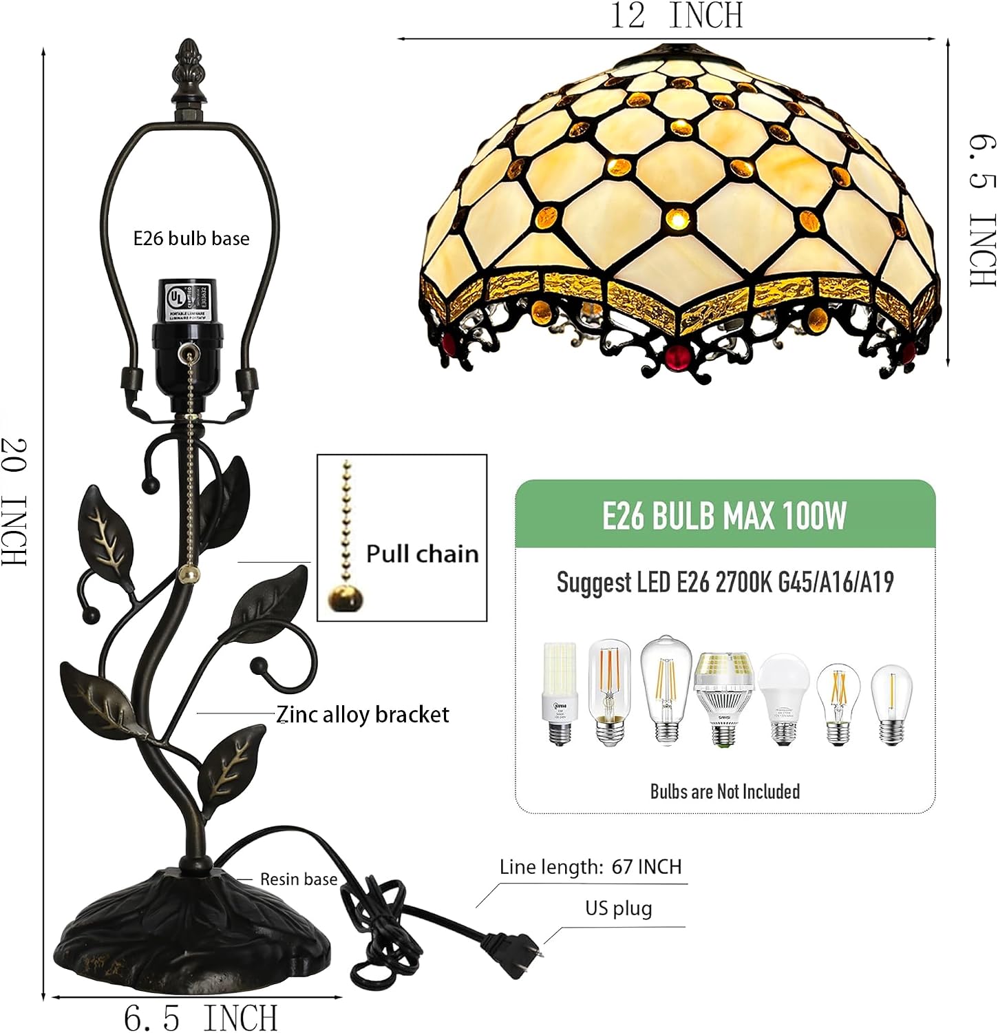 Tiffany Lamp Stained Glass Style Table Lamp Beads Style Bedside Desk Reading Light W12H19 Inch Metal Leaf Base with Metal Leaf Base