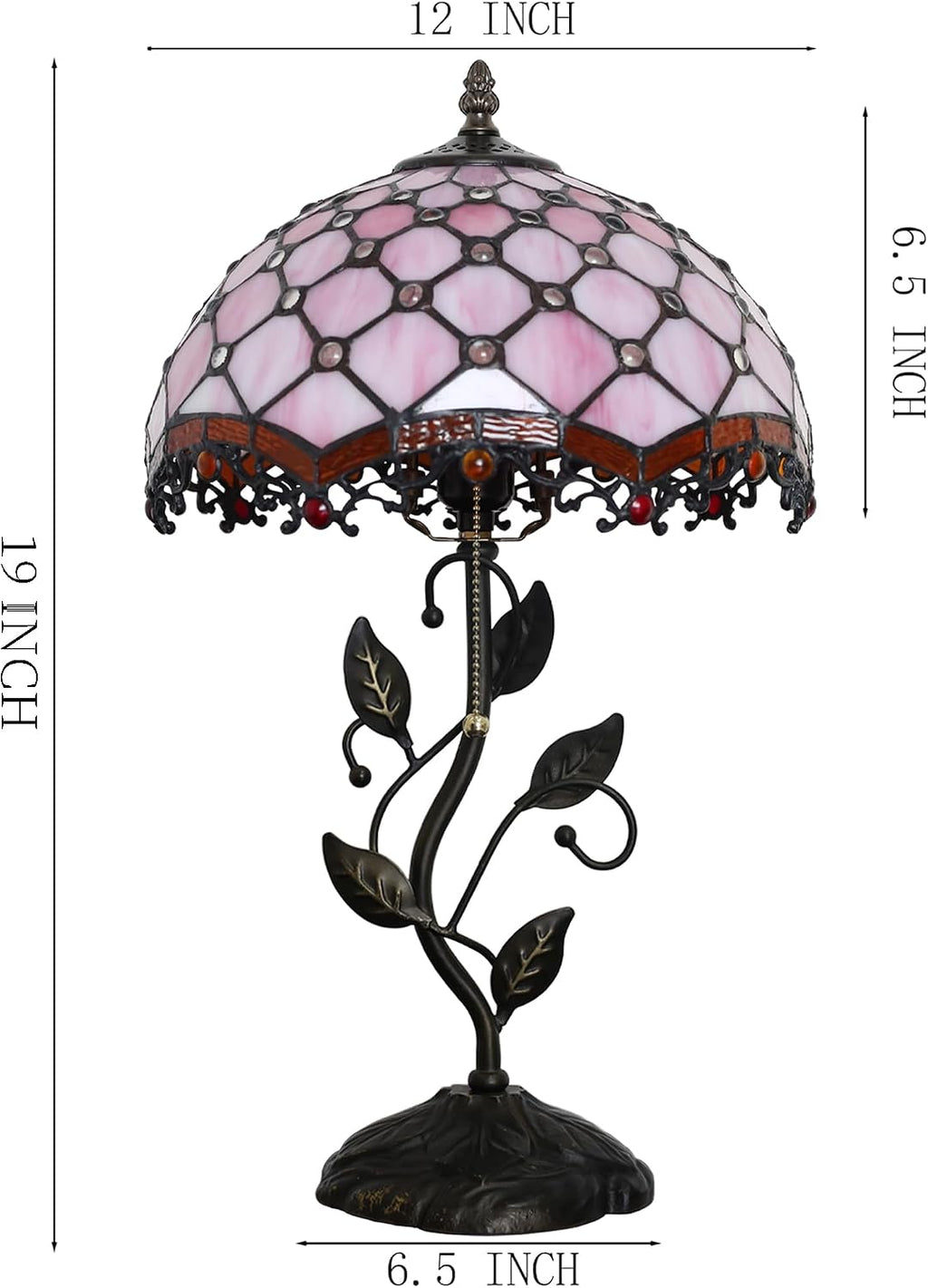 Tiffany Lamp Stained Glass Style Table Lamp Pink Beads Style Bedside Desk Reading Light W12H19 Inch Metal Leaf Base with Metal Leaf Base