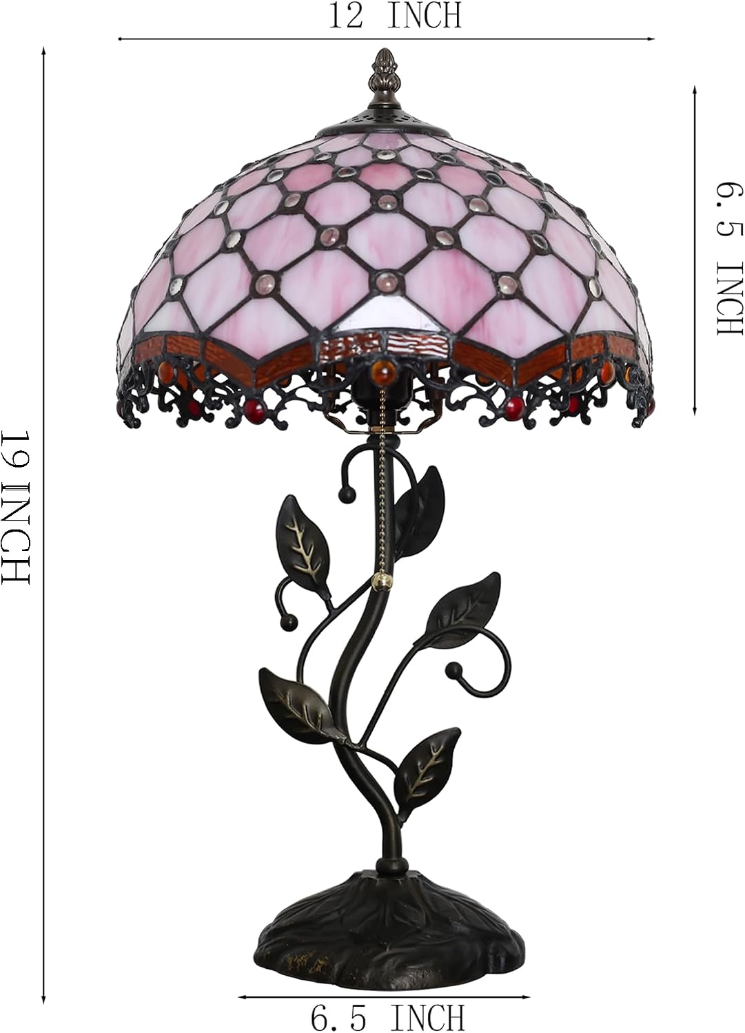 Tiffany Lamp Stained Glass Style Table Lamp Pink Beads Style Bedside Desk Reading Light W12H19 Inch Metal Leaf Base with Metal Leaf Base