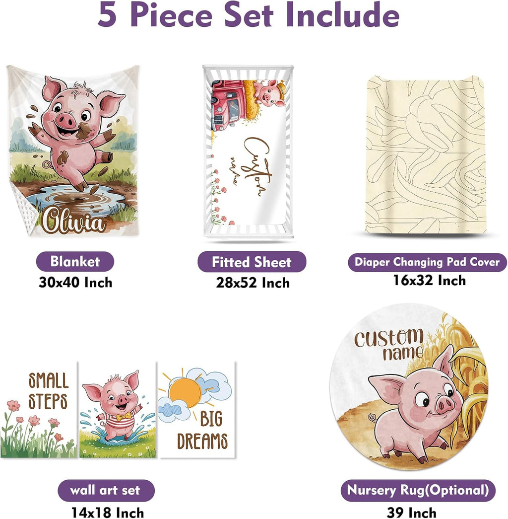 Personalized Crib Bedding Set for Baby Boys Girls, Piglet Pattern Custom Name Baby Crib Sets 5-Pcs, Double Layer Baby Blanket Fitted Sheet Changing Pad Cover Rug Wall Art Set