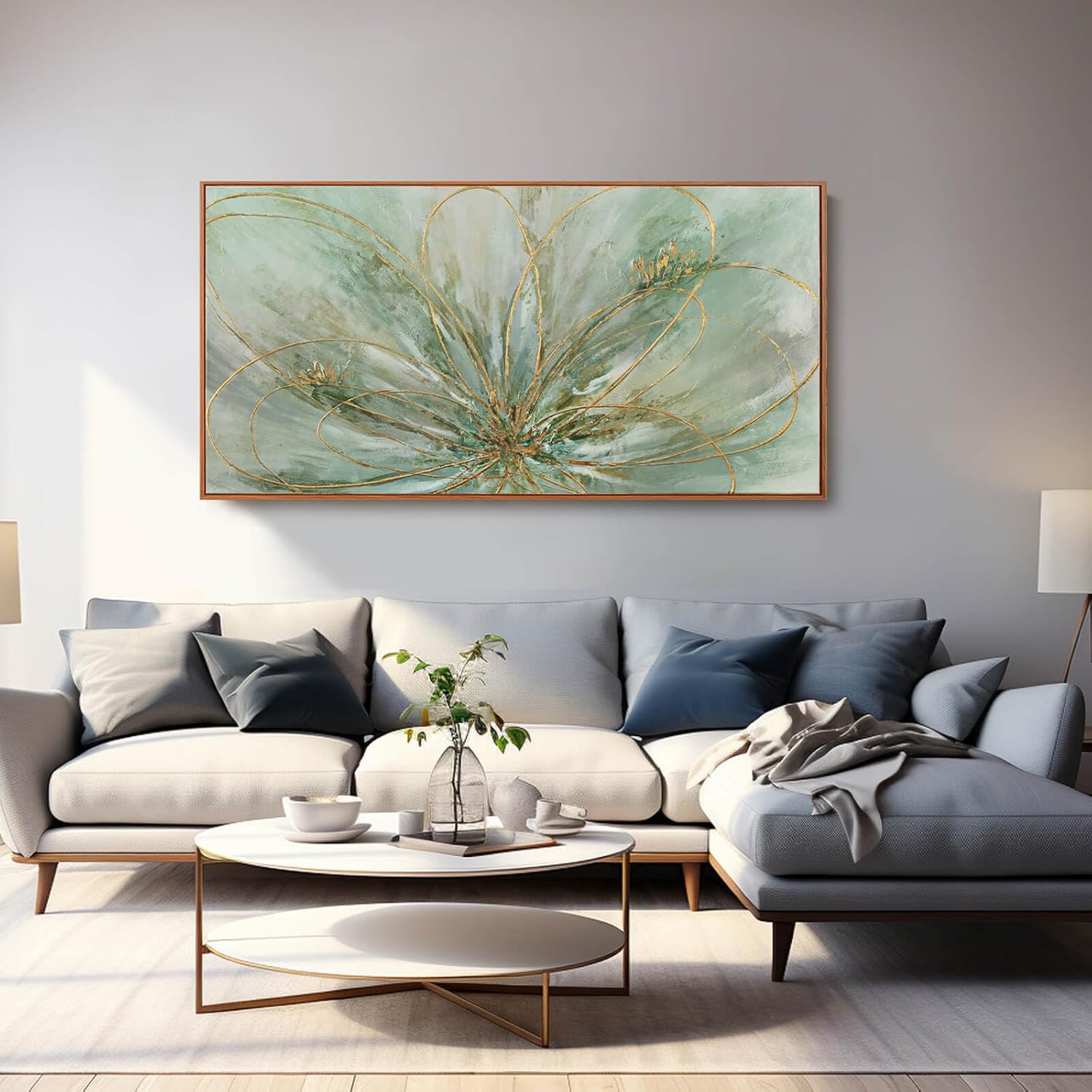 YJYart Green Abstract Canvas Artwork Flowers Wall Decor for Office Line Art Painting 24'x 48' Pictures for Bedroom Dining Room Neutral Wall Art