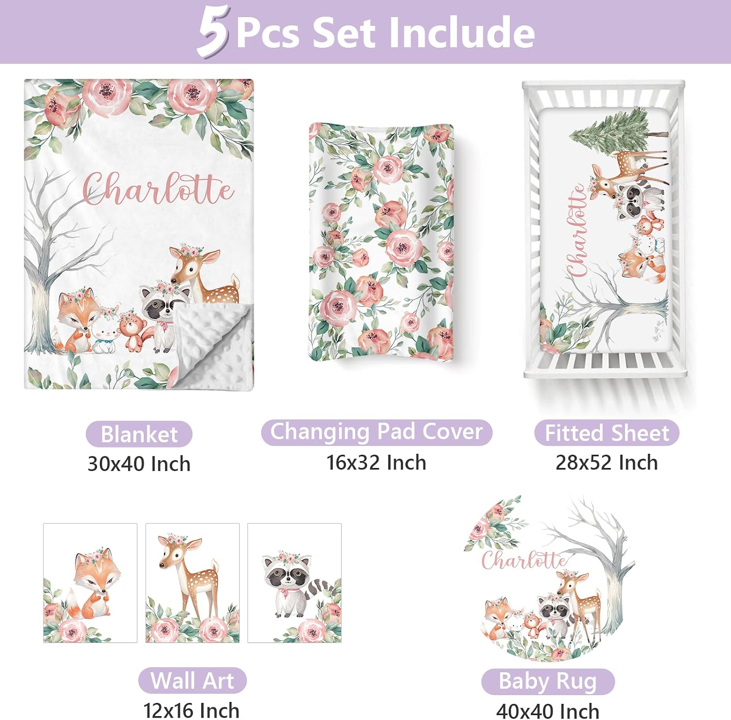 Personalized Baby Crib Bedding Set, 5 Pcs Custom Name Nursery Bedding Set for Girls Boys, Pink Forest Animals Baby Crib Set for Toddlers Infants, Double Layer Bedding Crib Sets Customized Gifts