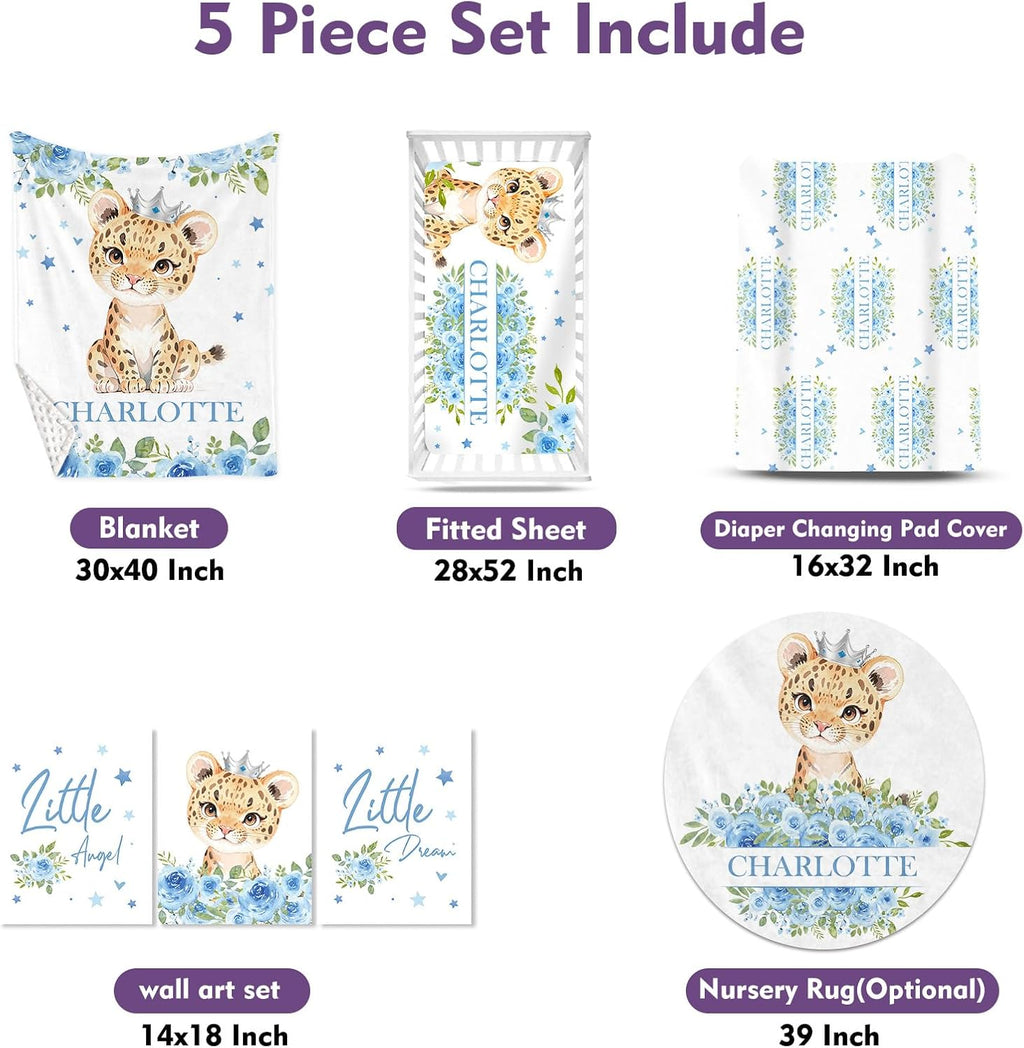 TOOTANN Custom Baby Crib Bedding Set, 5 Pcs Personalized Name Baby Crib Sheets for Kid Toddler Infant, Blue Floral Leopards Nursery Bedding Set