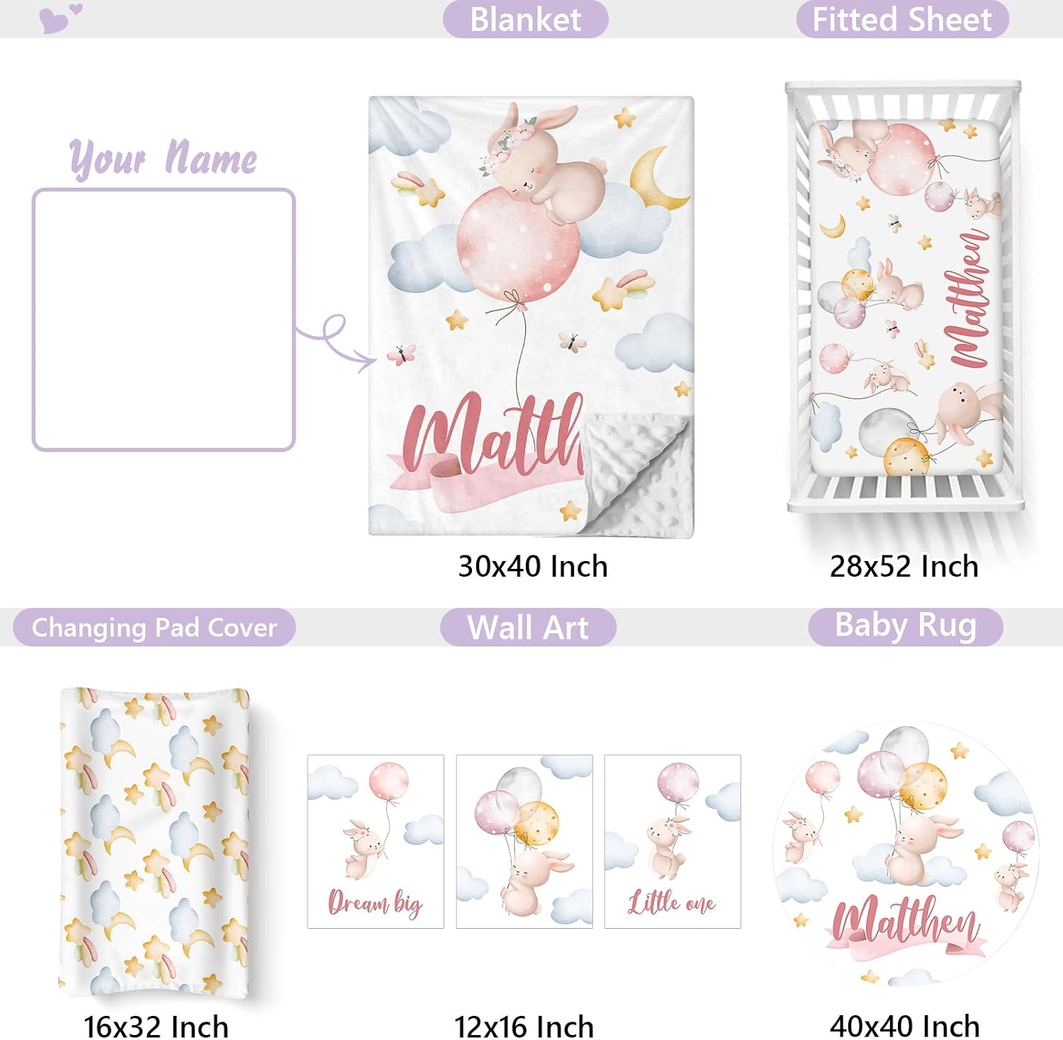 Custom Baby Crib Bedding Set, 5 PCS Personalized Name Baby Crib Sets for Girls Boys, Pink Rabbit Theme Nursery Bedding Sets for Infant Toddler, Double Layer Flannel Bed Set Customized Gifts