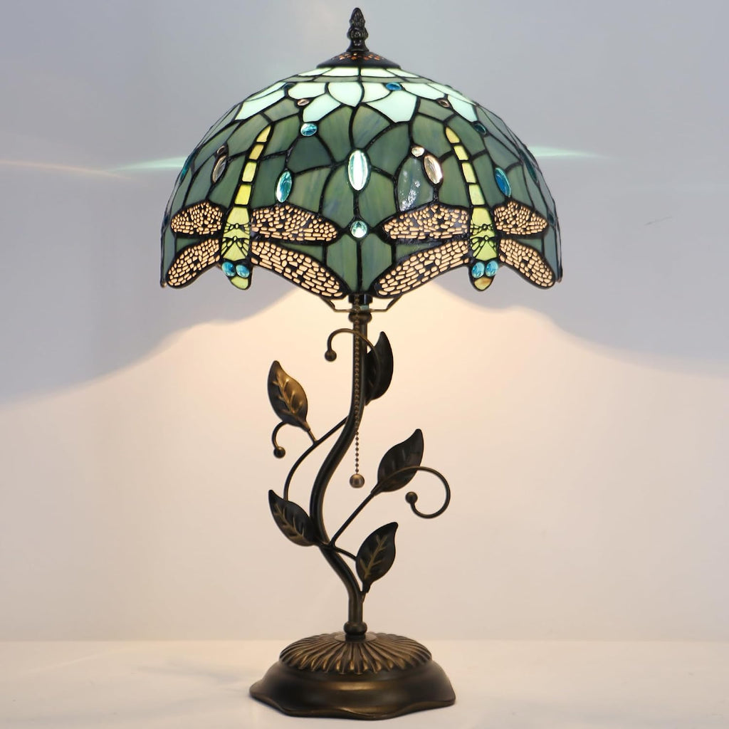 Tiffany Table Lamp Stained Glass Desk Lamp Metal Leaf Base Reading Light 12X19 Inch (Sea Blue Dragonfly)