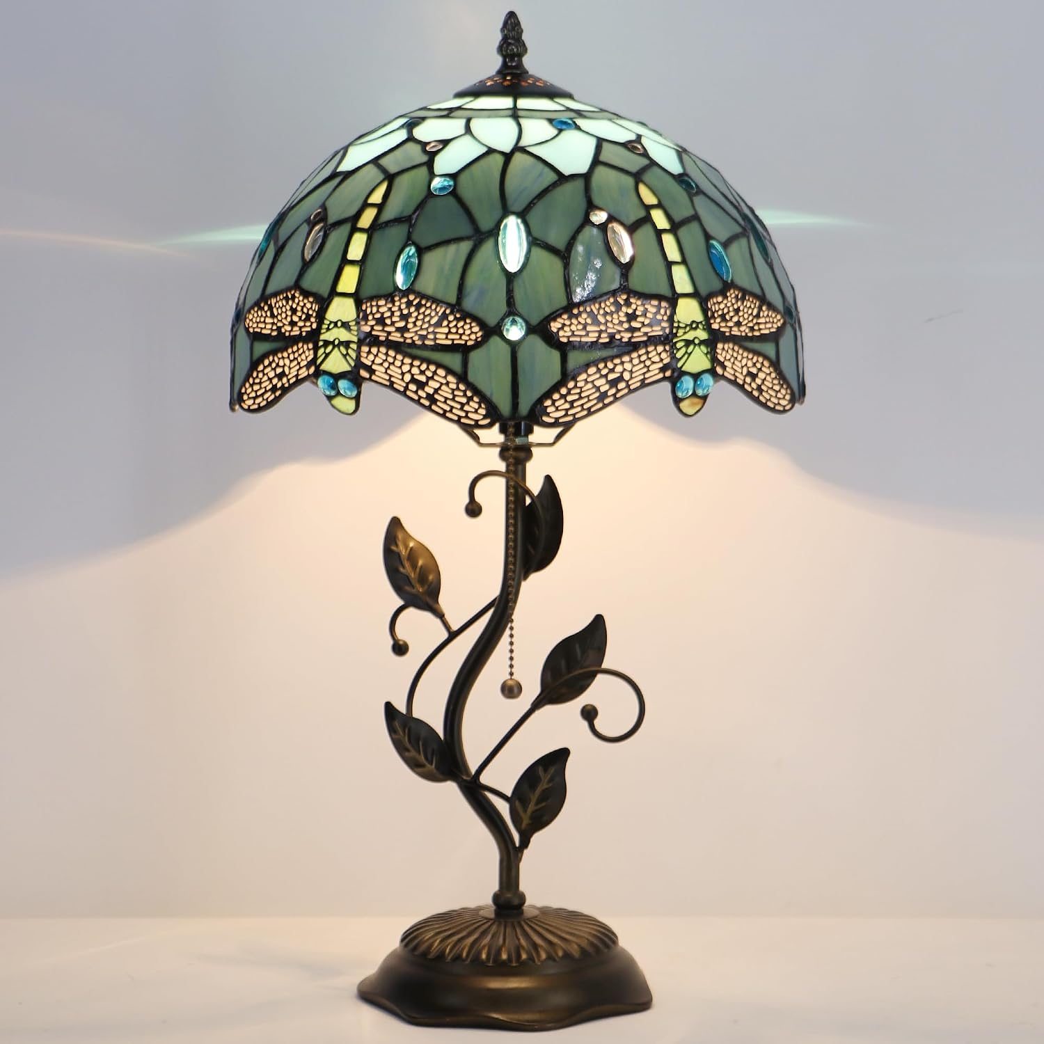 Tiffany Table Lamp Stained Glass Desk Lamp Metal Leaf Base Reading Light 12X19 Inch (Sea Blue Dragonfly)