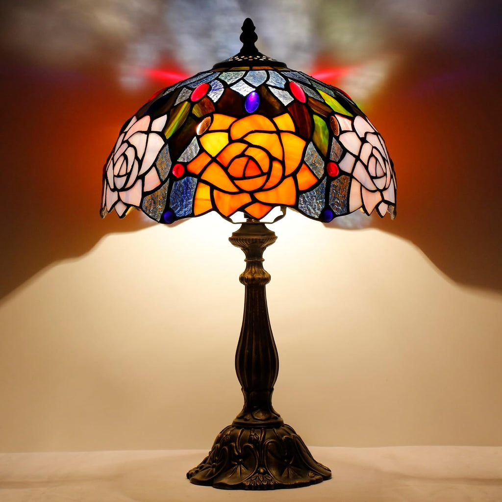 Tiffany Lamp Touch Control Table Lamp Orange Purple Stained Glass Desk Lamp 12X12X19 Inches Rose Flower Style Reading Light