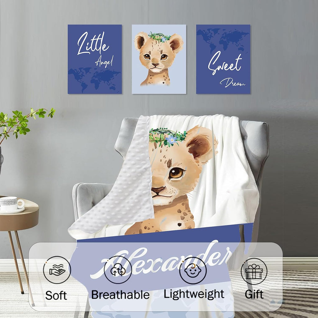 Personalized Baby Crib Bedding Set for Baby Boys Girls, Blue Leopard Pattern Custom Name Baby Crib Sets 5-Pcs, Toddler Double Layer Blanket Fitted Sheets Changing Pad Cover Rug Wall Art Set