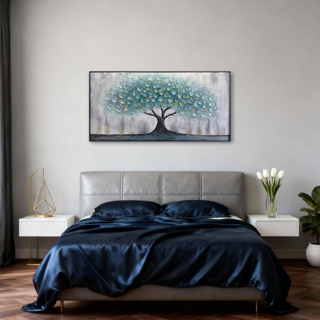 Teal Blue Tree of Life Canvas Wall Art for Living Room, Hand Painted Modern Abstract Textured Painting, Large Framed Panoramic Landscape wall art for Living Room, Bedroom, Office, Home Decor 48'x24'