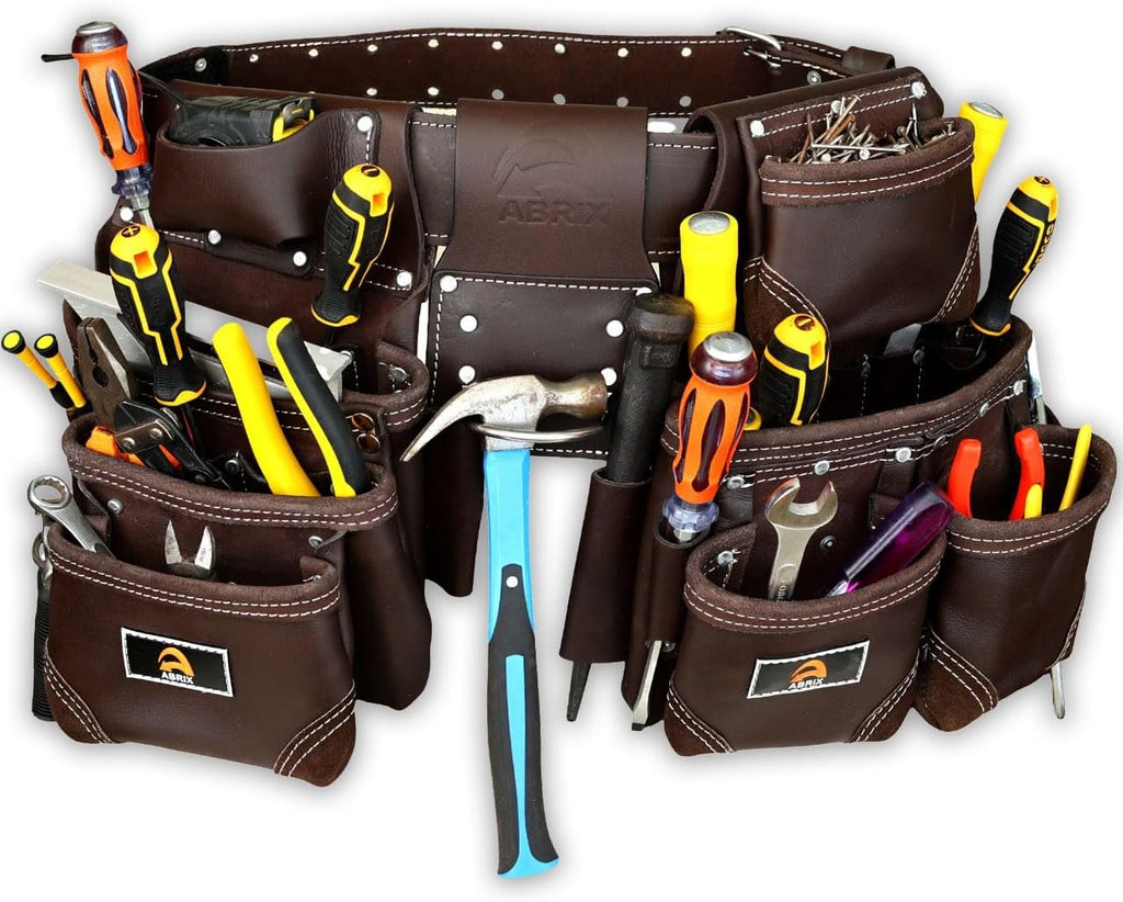 ABRIX Heavy Duty Tool Belt for Men – 4MM Thick Genuine Leather, Brass Buckle & Rivets | Foam Padded Comfort | 28-Pocket Carpenter & Framing Rig | Fits Waist 32 to 52 Inches | Professional Work Belt