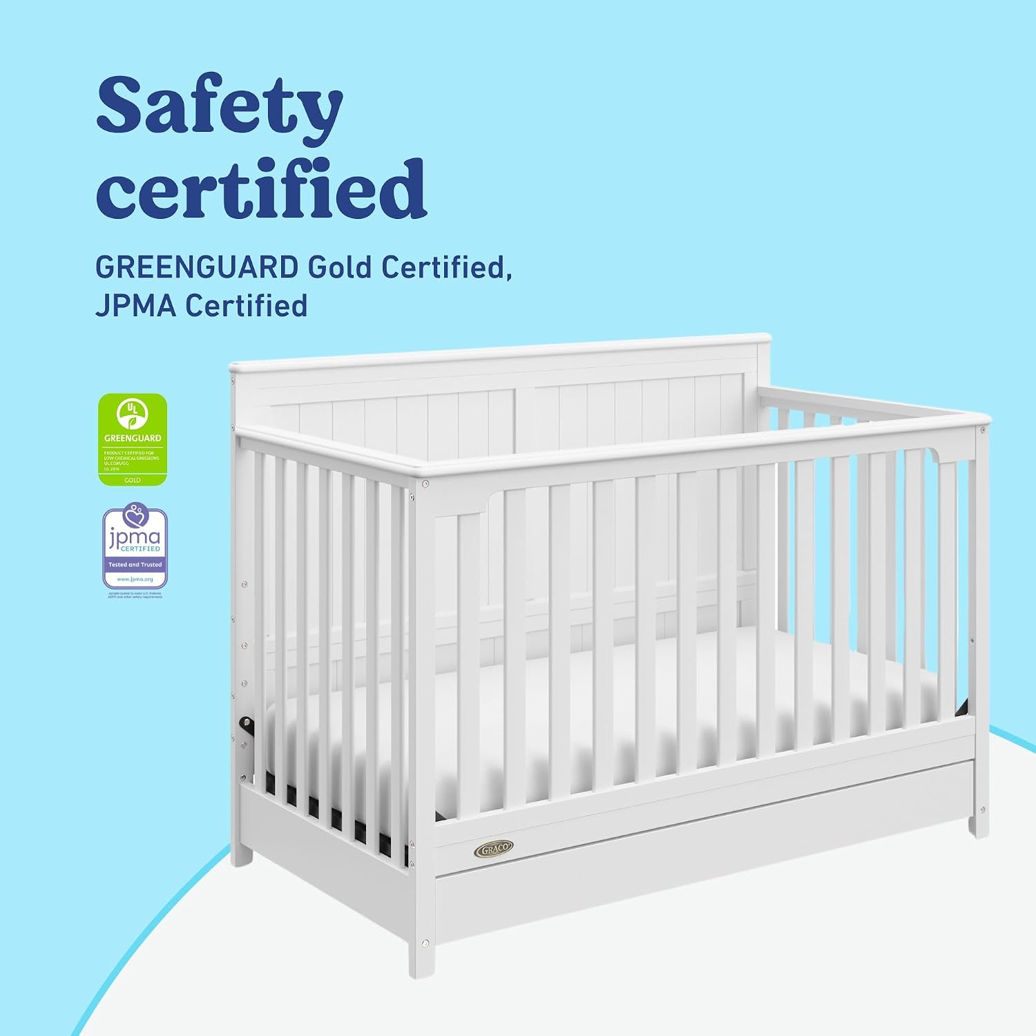 Graco Hadley 5-in-1 Convertible Crib with Drawer – GREENGUARD Gold Certified, Fits Standard Crib Mattress, Converts to Toddler Bed, Daybed and Full Bed, 4 Adjustable Mattress Heights (White)