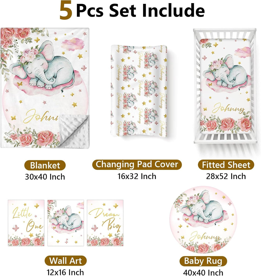 Terwex Personalized Baby Bedding Set, 5 Pcs Custom Name Bedding for Girls & Boys - Soft Toddler Crib Sets for Infant Customized Gifts, Pink Elephant