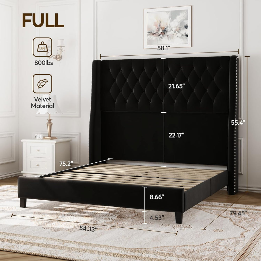 Full Bed Frame with 55' Tall Headboard, Upholstered Bed Frames, Soft Fabric, Button Tufted Headboard with Windback, Platform Bed, Noise-Free, No Box Spring Needed, Black