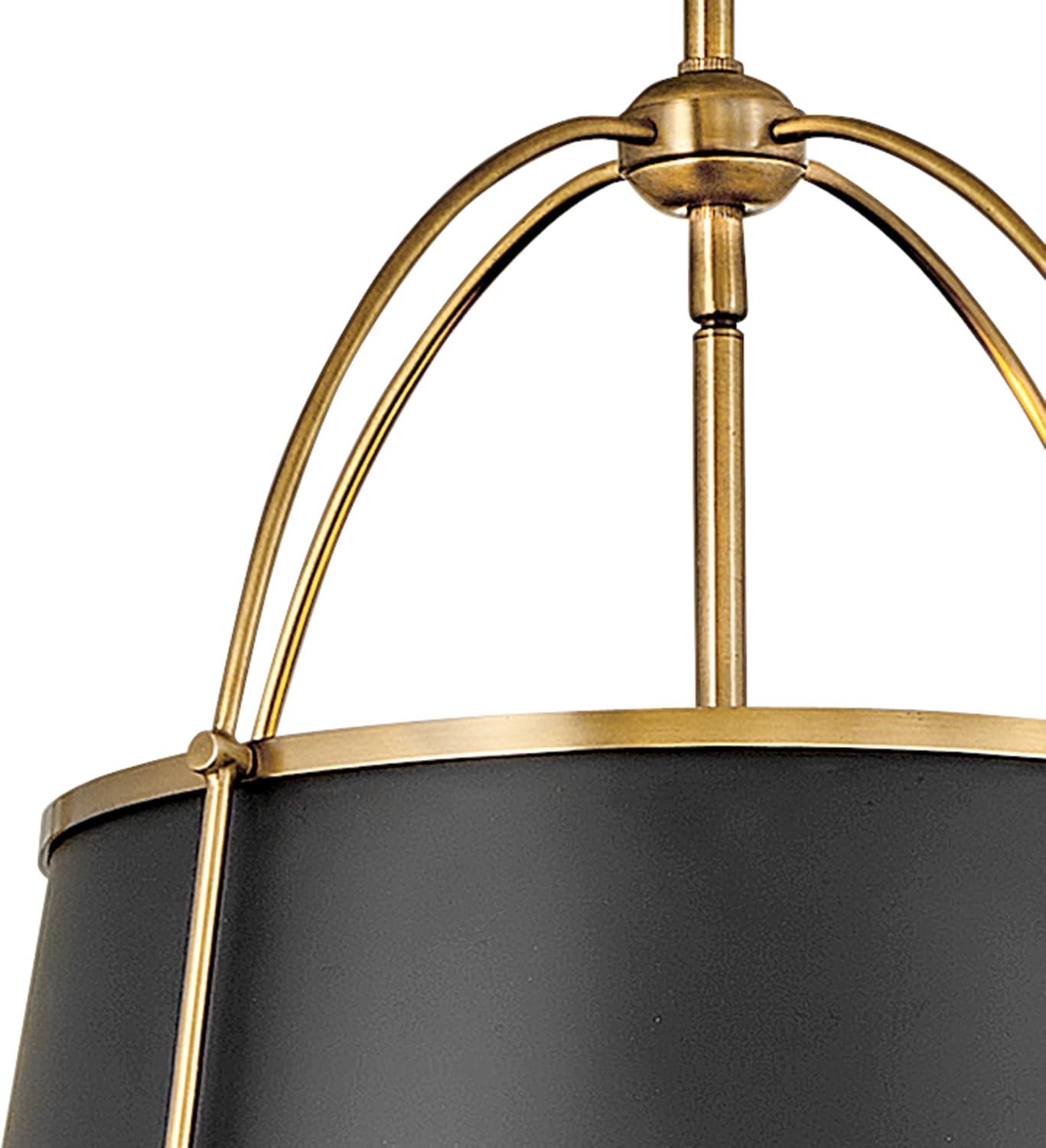 Hinkley Clarke Large Drum Pendant, Black Metal Shade, 1-6' and 2-12' Down Rods, Even or Sloped Ceilings, Warm Brass Finish