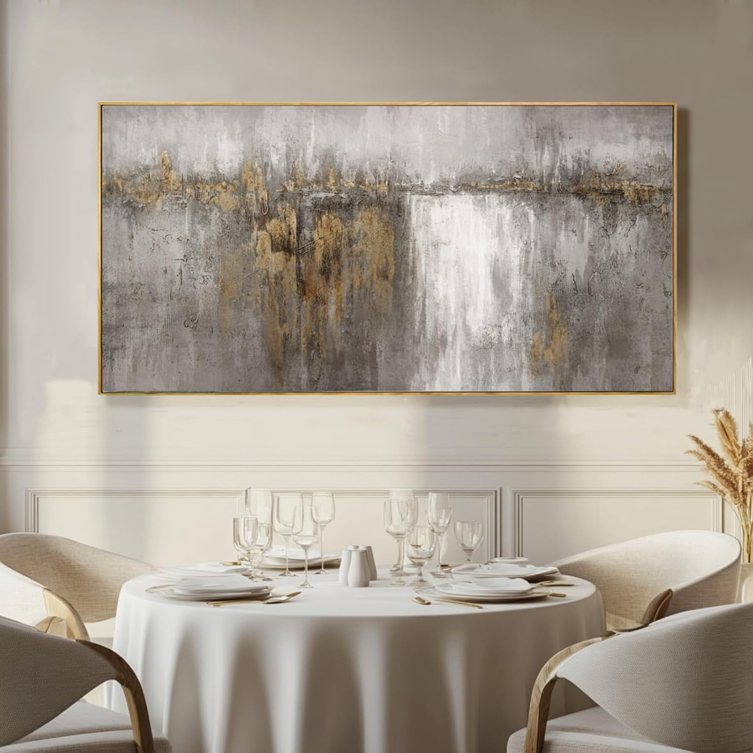 White and Gold Artwork for Walls Abstract Framed Poster Print 24'x48' Canvas Wall Art for Bedroom Neutral Artwork Decor for Office