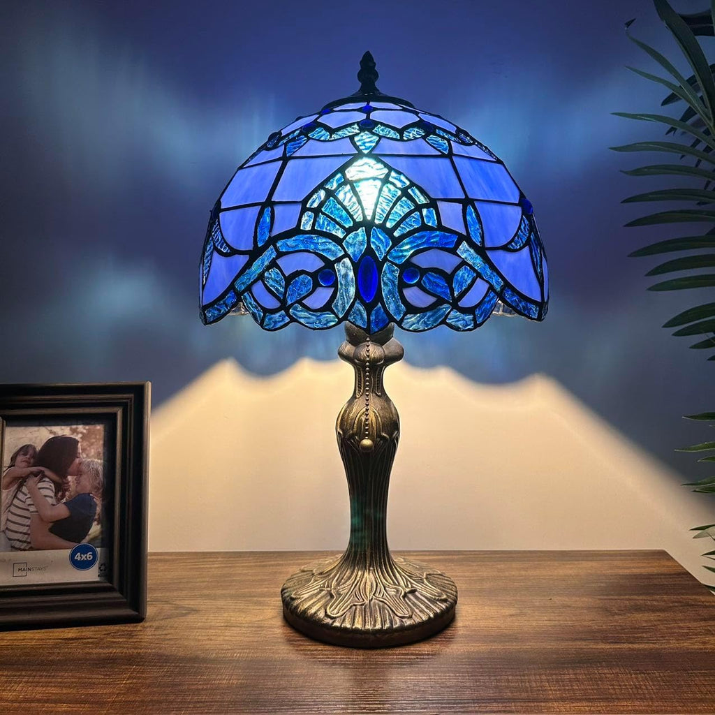 Stained Glass Table Lamp Blue Baroque Style LED Bulb Included for Living Room Bedroom Bedside 12' W*12' D*19' H