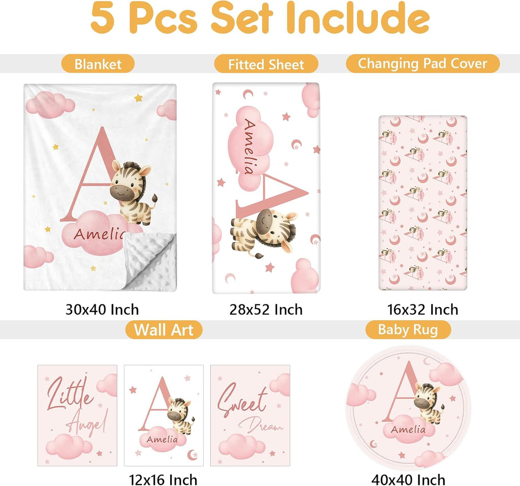 Terwex Personalized Baby Crib Bedding Set, 5 Pcs Custom Name Nursery Bedding Set, Pink Zebra Baby Bedding Set for Girls Boys, Double Layer Crib Sets, Customized Gifts for Infants Toddlers New Parents
