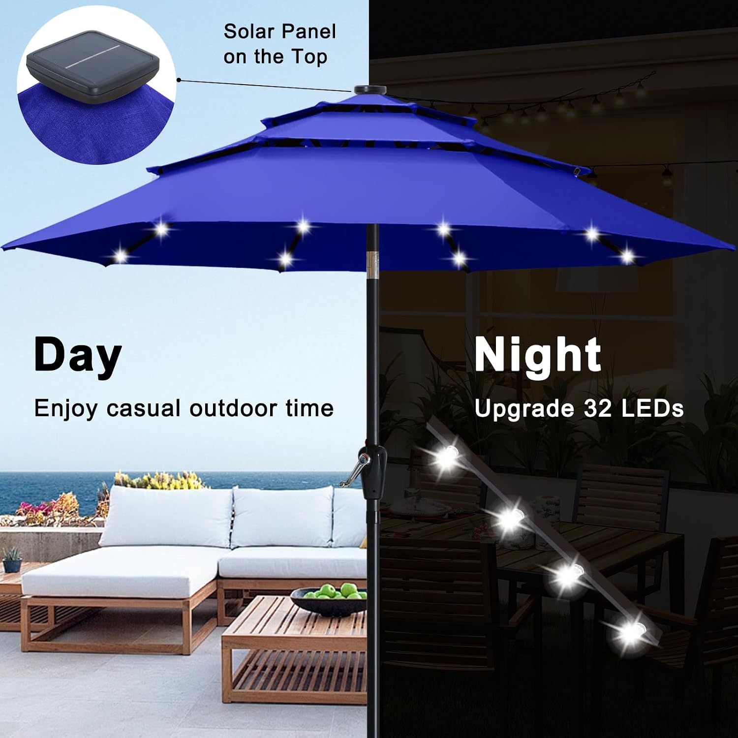 ABCCANOPY 3-Tiers 11FT Solar Patio Umbrella, Outdoor Umbrella with 32 LED Lights for for Deck, Pool, Garden, Backyard (Blue)