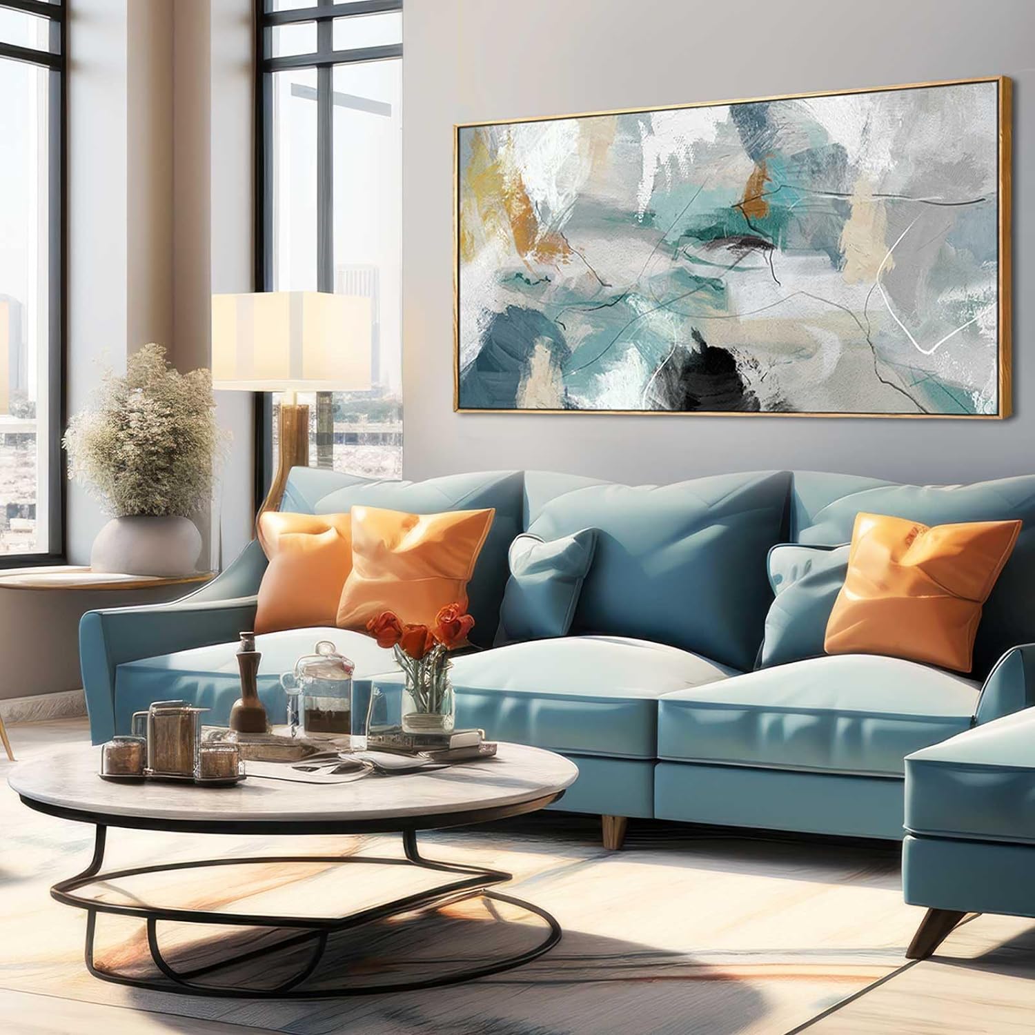 Wall Art Living Room Decorations 24'x48' Teal Wall Art Abstract Paintings Modern Framed Art Room Decor for Bedroom Kitchen Office