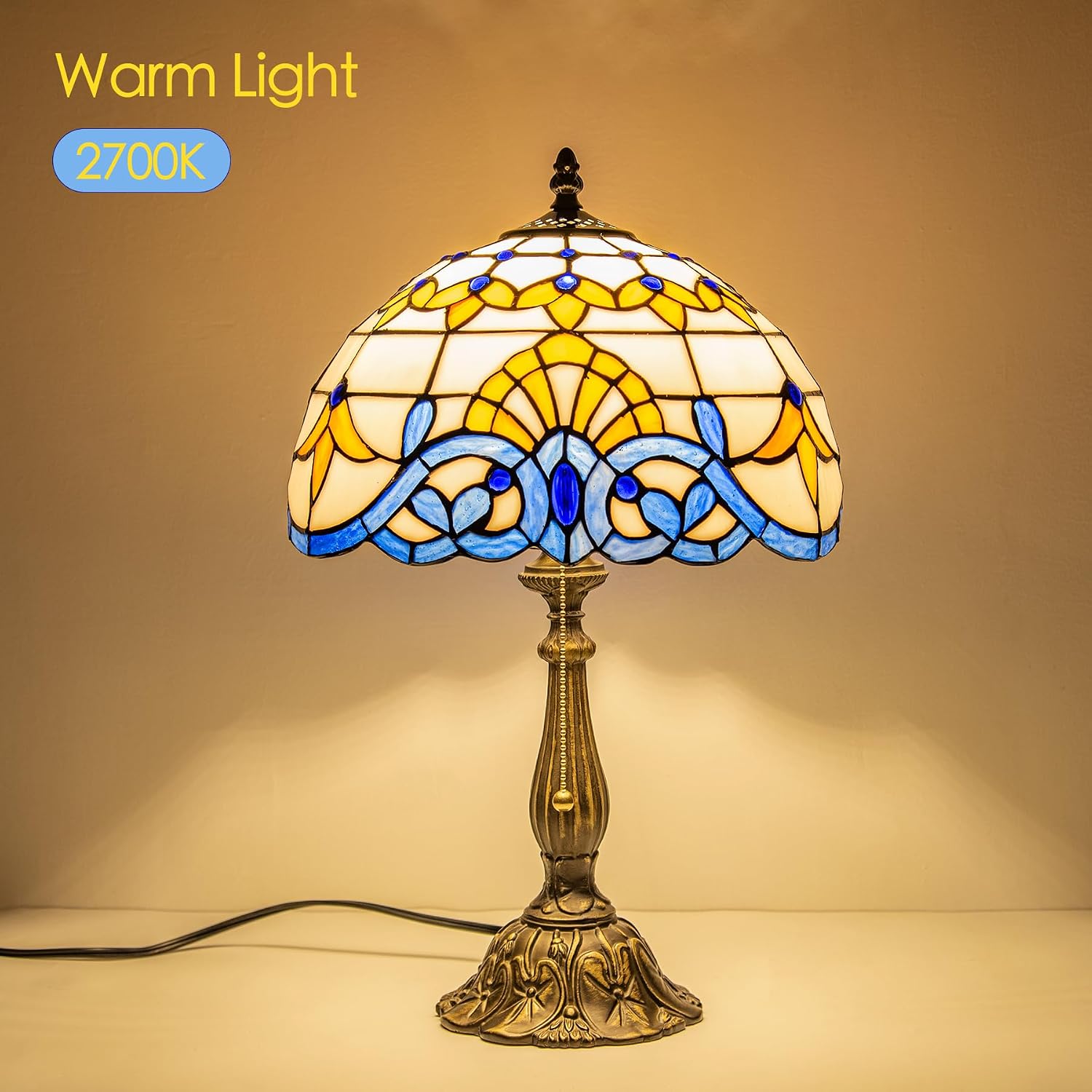 Tiffany Style Table Lamp Vintage Stained Glass Desk Lamp Blue Baroque Bedside Reading Light Decor Bedroom Living Room Home Office D12 xH18