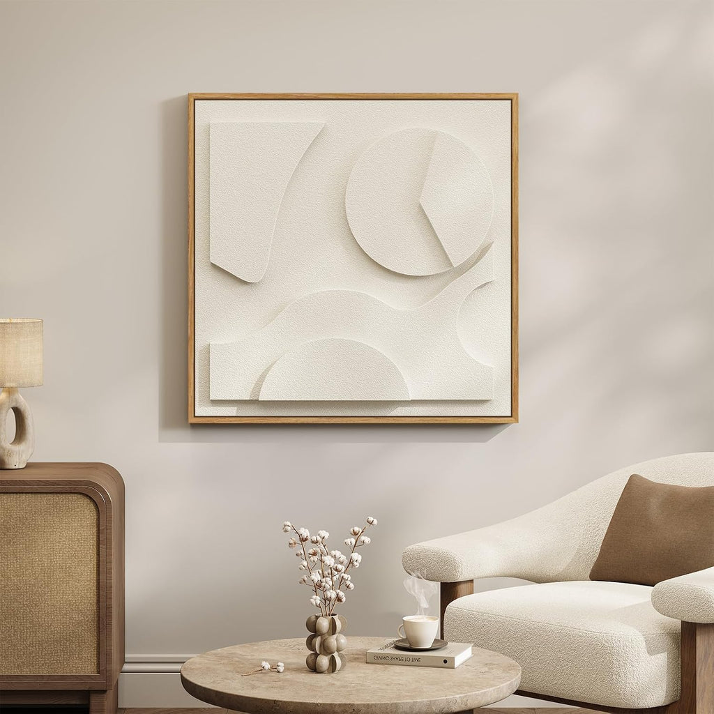 Large 3D Textured Framed White Abstract Wall Art, Square Modern Paintings Artwork for Walls, Minimalist White Geometric Block Pictures for Living Room Bedroom Office Hallway Wall Decor 30x30 In