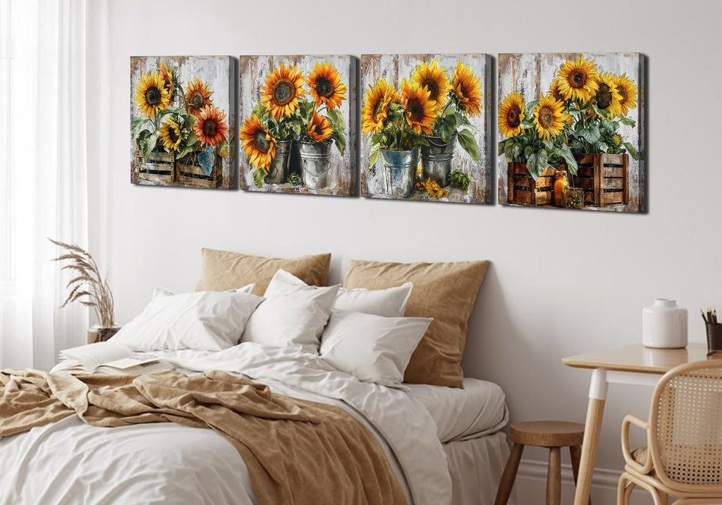 Rustic Sunflower Canvas Wall Art Farmhouse Kitchen Wall Decor Dining Room Picture Vintage Bouquet Posters Prints for Wall Paintings Sunshine Floral Artwork Autumn Home Decorations 24x24' 4Pcs/Set
