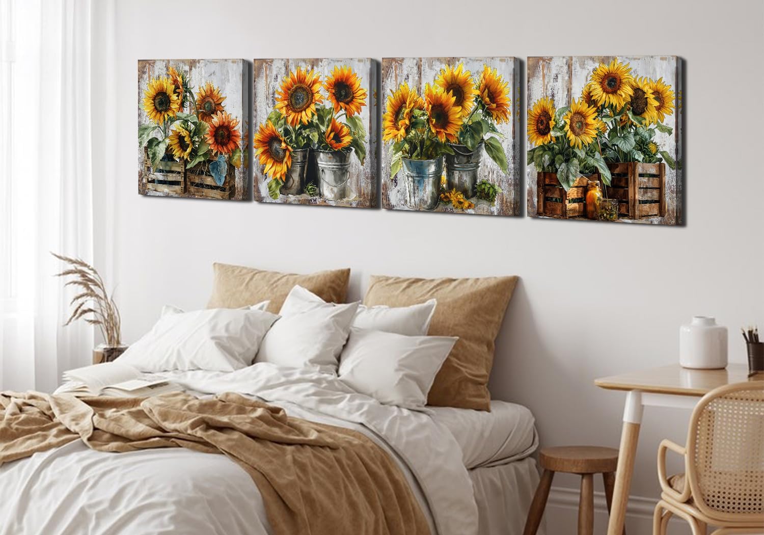 Rustic Sunflower Canvas Wall Art Farmhouse Kitchen Wall Decor Dining Room Picture Vintage Bouquet Posters Prints for Wall Paintings Sunshine Floral Artwork Autumn Home Decorations 24x24' 4Pcs/Set