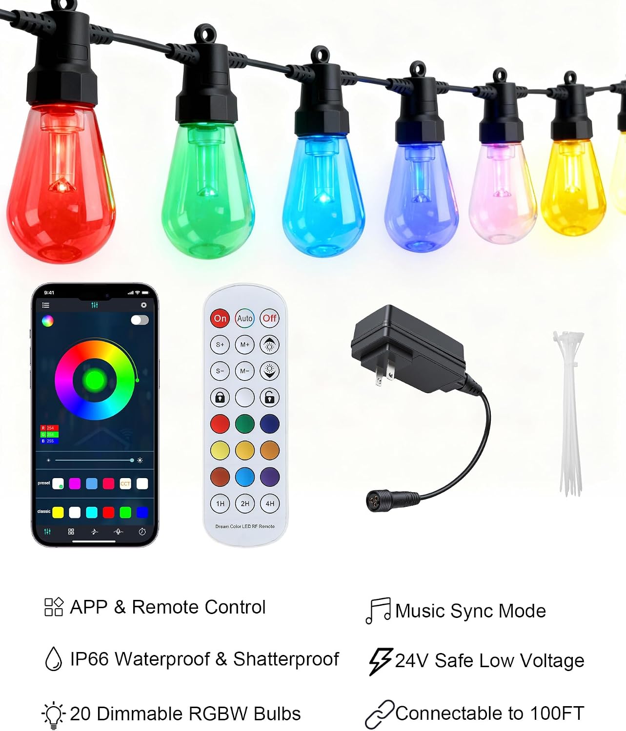 Smart Outdoor String Lights, 100FT (50FT*2) RGB Color Changing Patio Lights with Timer, 21-Key RF Remote and Bluetooth, IP65 Waterproof Shatterproof LED Lights for Backyard Balcony Garden Party Decor
