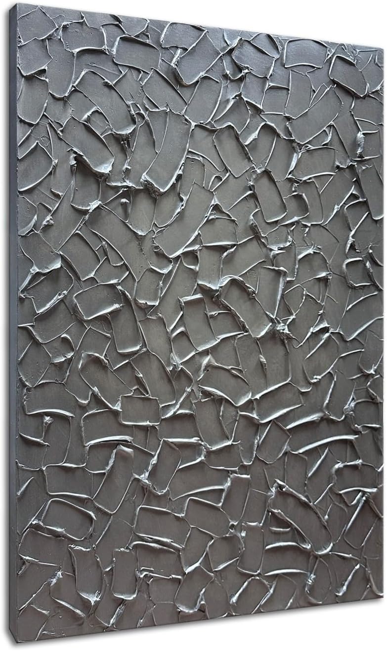 Slyart Handmade 3D Texture Wall Art Modern Abstract Painting 28x40 Inches Minimalist Silver Gray Artwork Oil Painting on Canvas Wall Decor for Living Room Bedroom