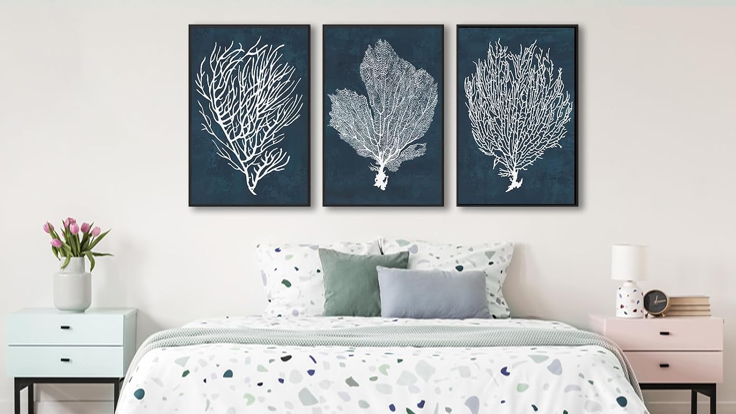 Large Framed Coral Wall Art - Navy Blue Coastal Wall Decor Painting 24'x36' Set of 3 Minimalist Beach Wall Art Prints Rustic Ocean Coral Canvas Pictures for Living Room Bedroom Office Artwork
