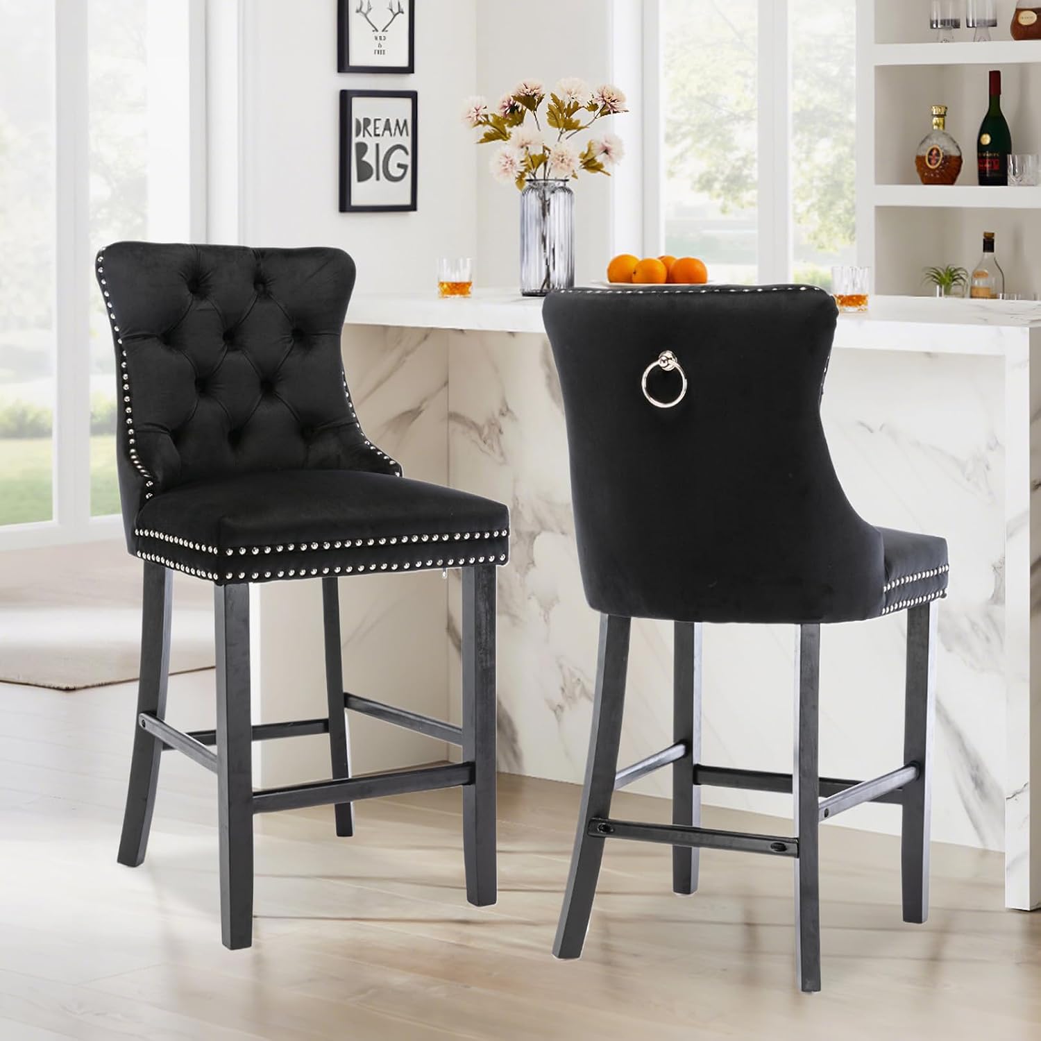 Elegant Velvet Bar Stools Set of 2,Delicate Upholstered Counter Height Barstool with Backrest,Wooden Legs Design for Kitchen Islands & Pubs（Black）
