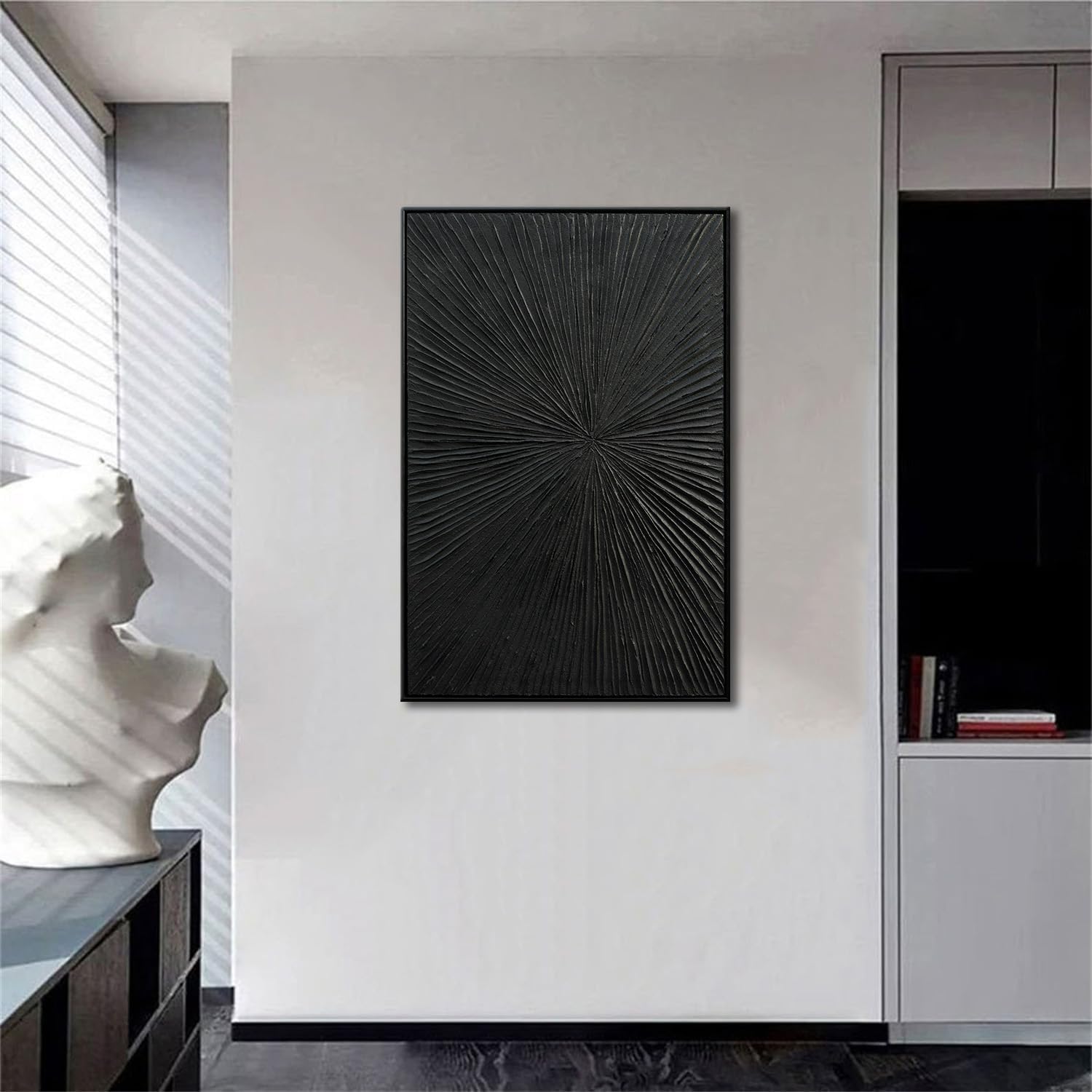 Framed Black Relief Wall Art, Modern Abstract Oil Paintings on Canvas, Quartz Sand Texture Wall Art for Living Room Bedroom Wall Decor