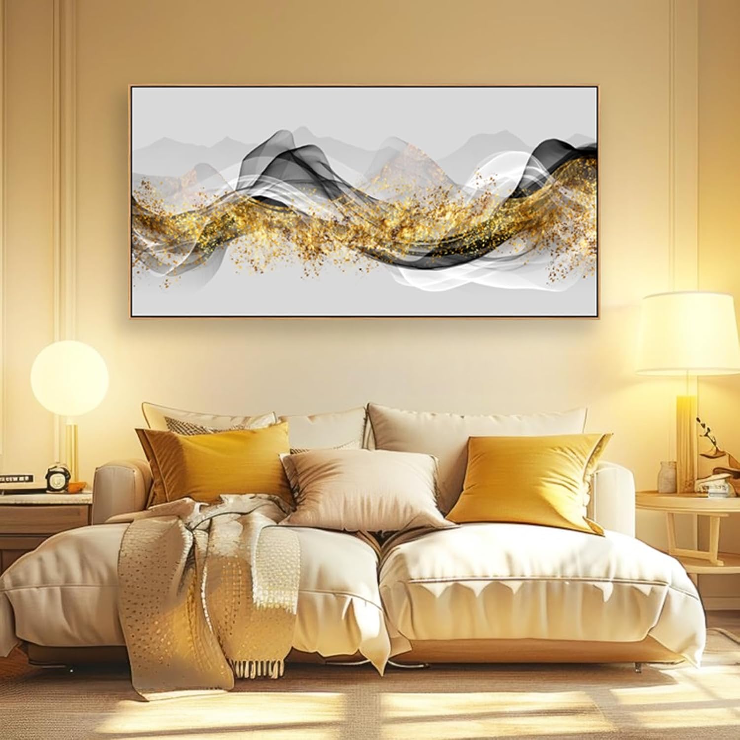 Wall Art Modern light Luxury Abstract Gold ink Landscape Canvas Wall Art for Living Room and Bedroom, Color Pictures, Artwork Home Decor Canvas Print Wall Decor Ready to Hang, 24x48inch (Framed)