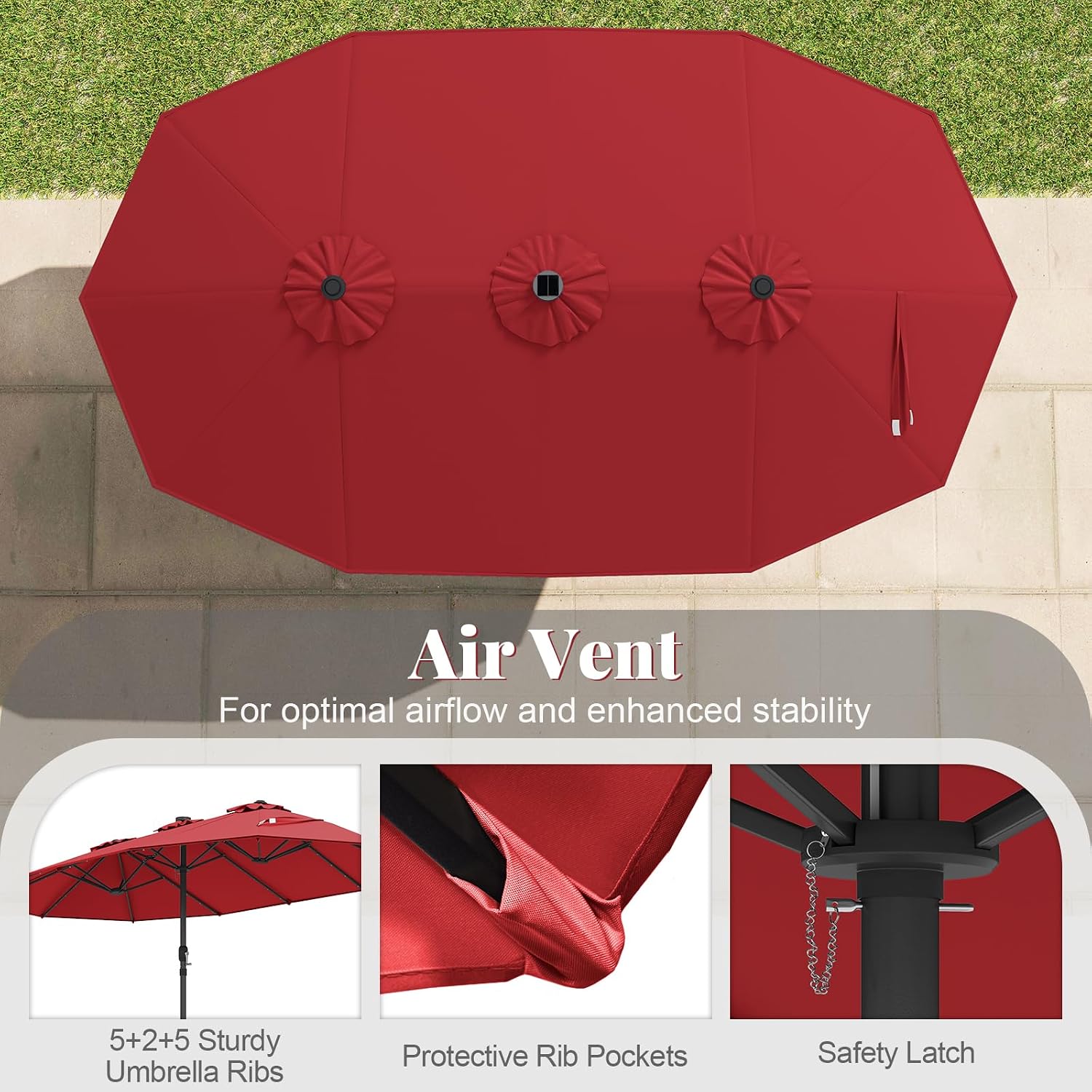 Tangkula 15FT Double-Sided Solar Patio Umbrella, Extra-Large Outdoor Twin Umbrella with 48 LED Lights, Vented Top, Crank Handle, 12 Ribs, Weighted Base Included for Backyard Poolside Deck (Wine)