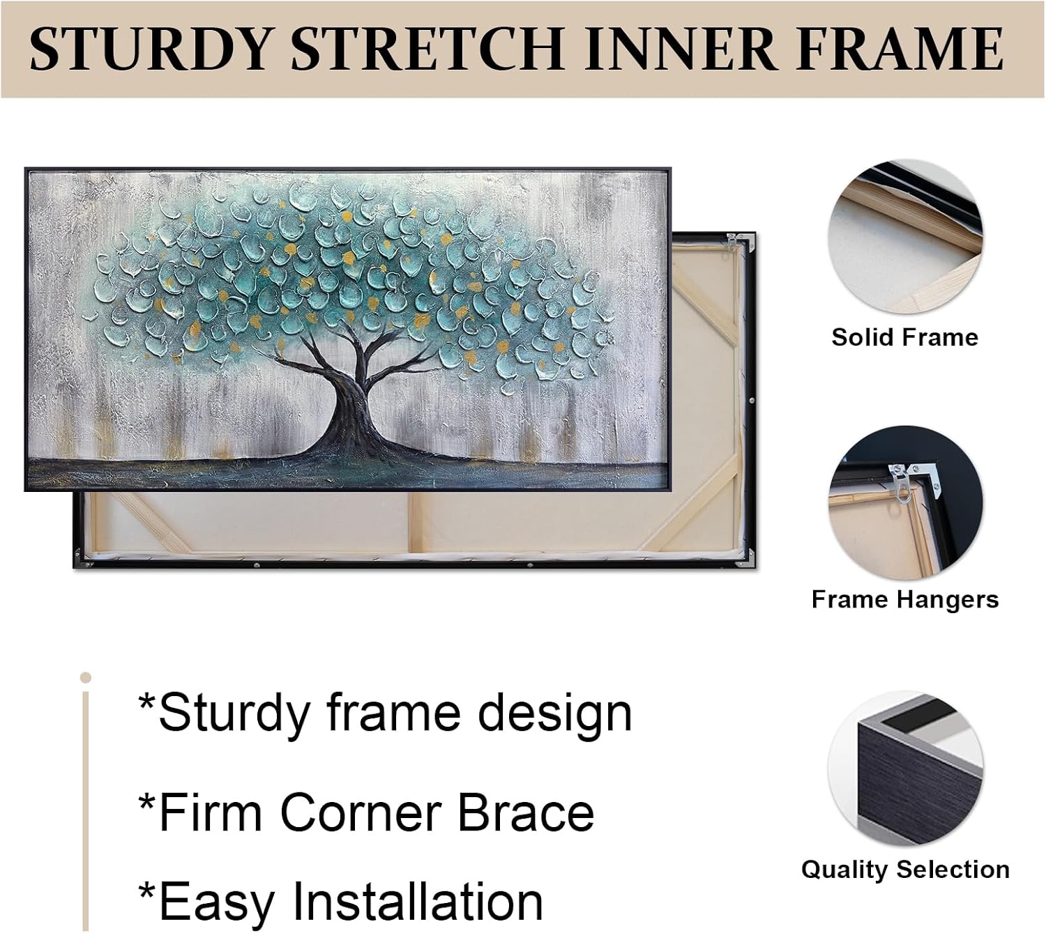 Teal Blue Tree of Life Canvas Wall Art for Living Room, Hand Painted Modern Abstract Textured Painting, Large Framed Panoramic Landscape wall art for Living Room, Bedroom, Office, Home Decor 48'x24'