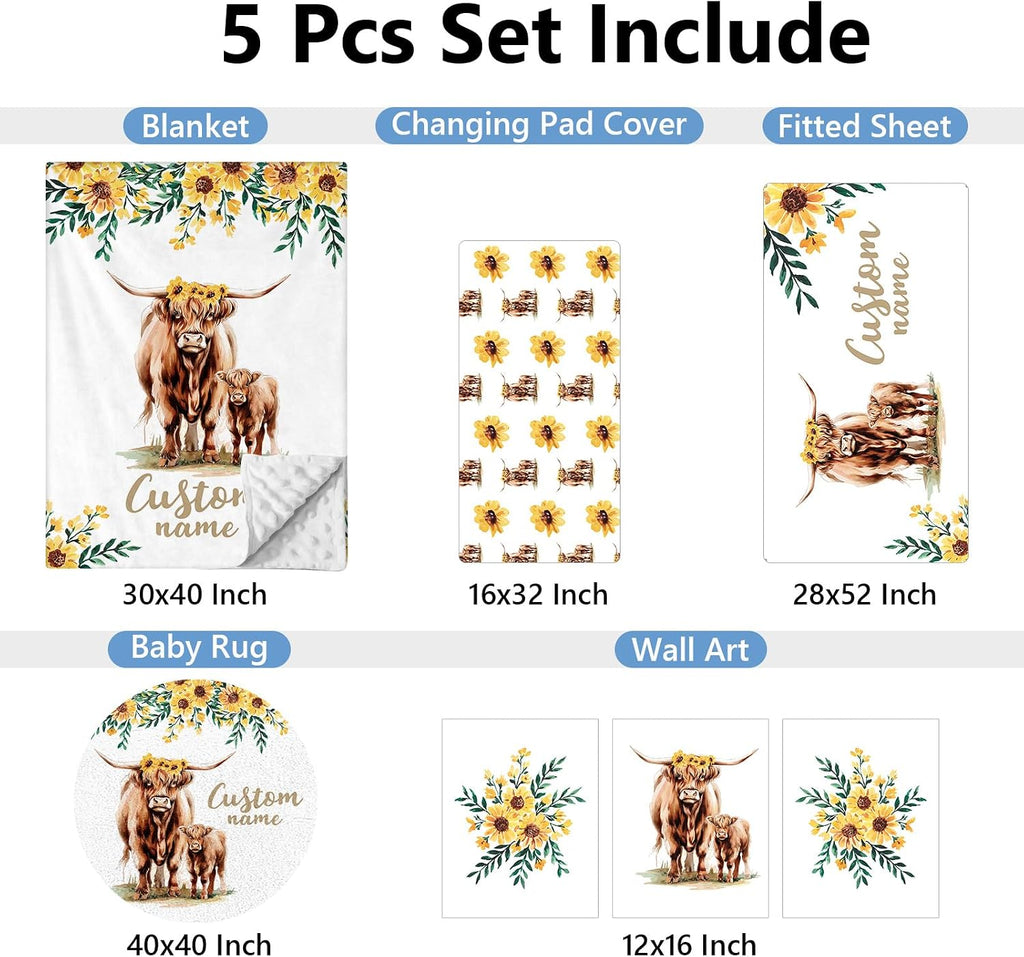 KAINSY Personalized Baby Crib Bedding Set, 5 Pcs Custom Name Bedding Set, Double Layer Nursery Bedding Set for Boy Girl, Highland Cow Baby Crib Set, Gift for Toddlers Infants New Parents