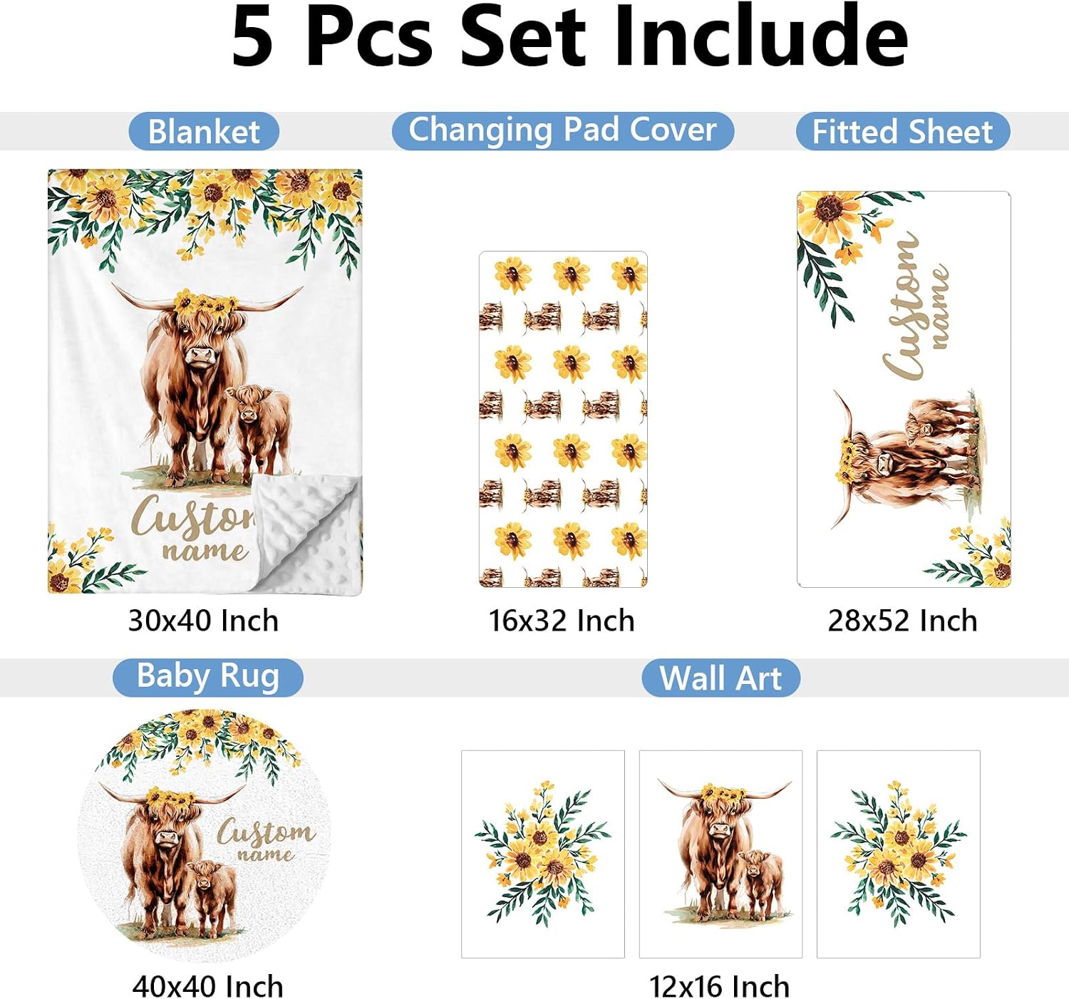KAINSY Personalized Baby Crib Bedding Set, 5 Pcs Custom Name Bedding Set, Double Layer Nursery Bedding Set for Boy Girl, Highland Cow Baby Crib Set, Gift for Toddlers Infants New Parents