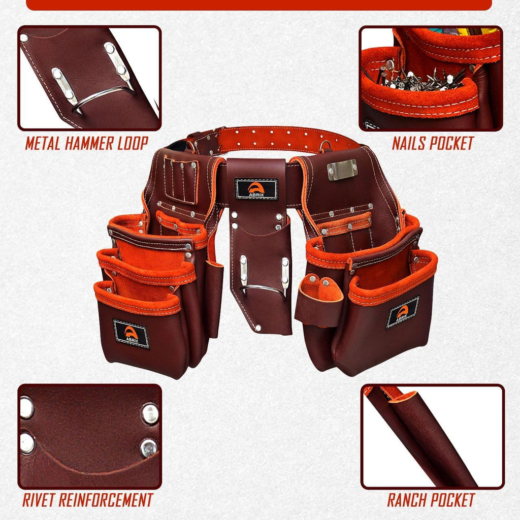 ABRIX Heavy Duty Tool Belt for Men – 4MM Thick Genuine Leather, Brass Buckle & Rivets | Foam Padded Comfort | 28-Pocket Carpenter & Framing Rig with Suspender | Work Belt Fit upto 32' to 52'
