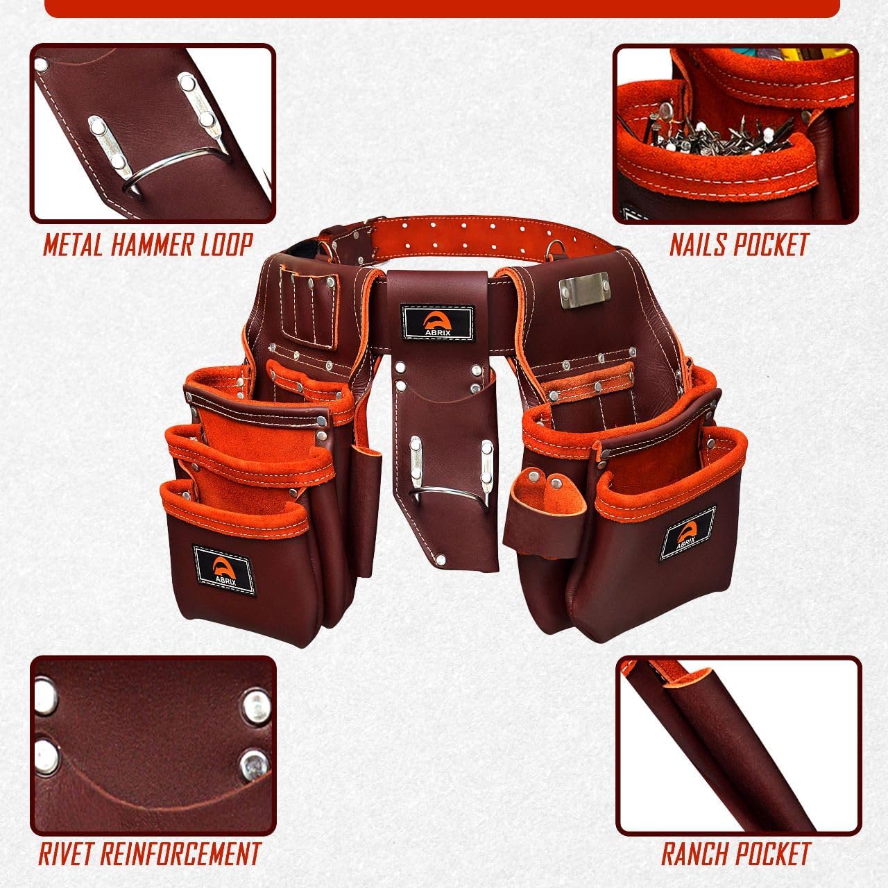 ABRIX Heavy Duty Tool Belt for Men – 4MM Thick Genuine Leather, Brass Buckle & Rivets | Foam Padded Comfort | 28-Pocket Carpenter & Framing Rig with Suspender | Work Belt Fit upto 32' to 52'