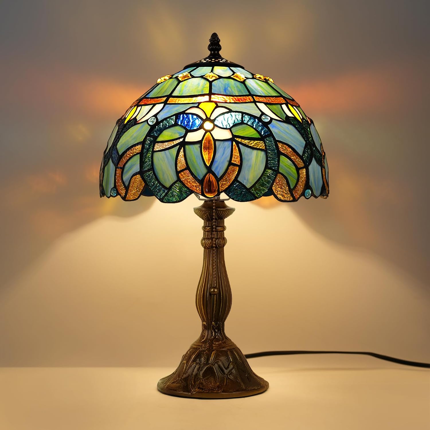 MOAN Lamp Stained Glass Table Lamp 12X12X19 Inch Bedside Reading Light Antique Bronze Base(Blue Baroque Style)