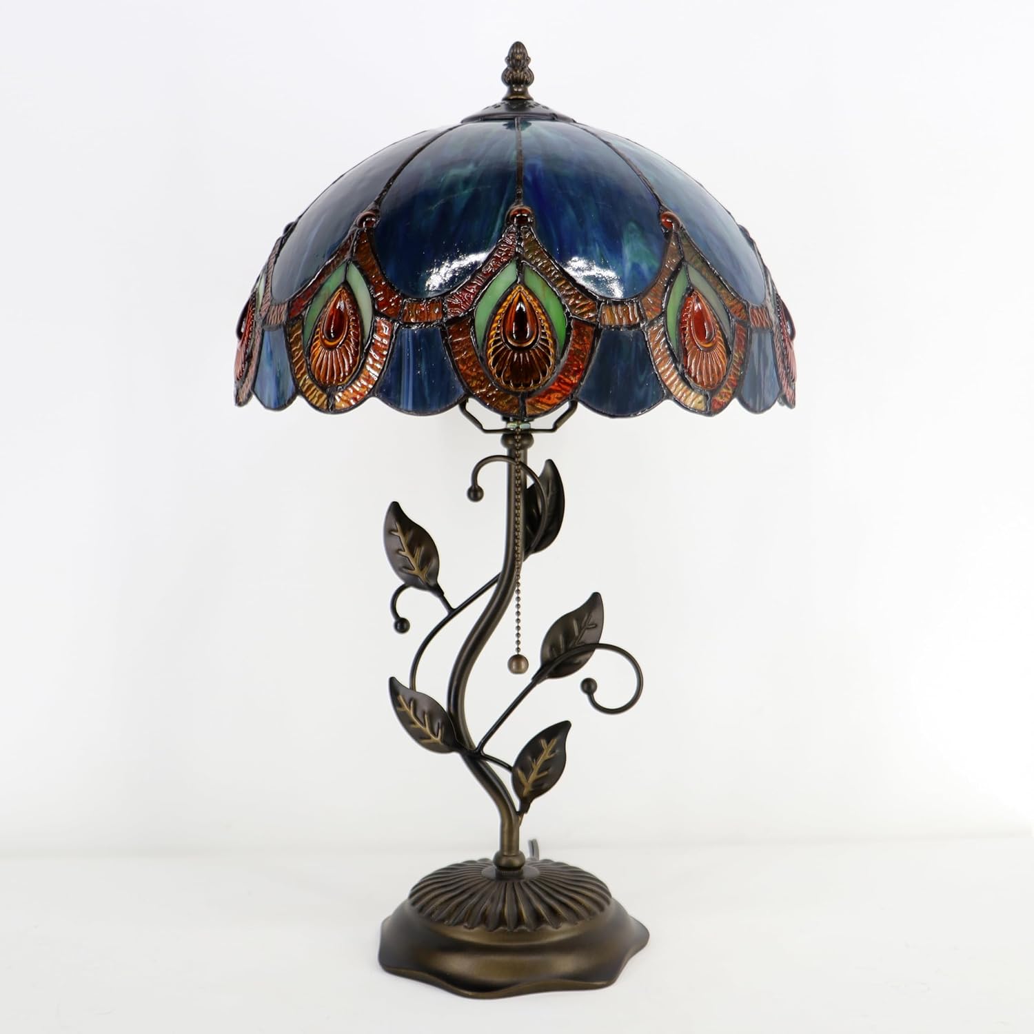Tiffany Table Lamp, Stained Glass Style Desk Lamp, 12X12X19 Inch,Bedside Reading Light, Metal Leaf Base（Peacock Crystal Style