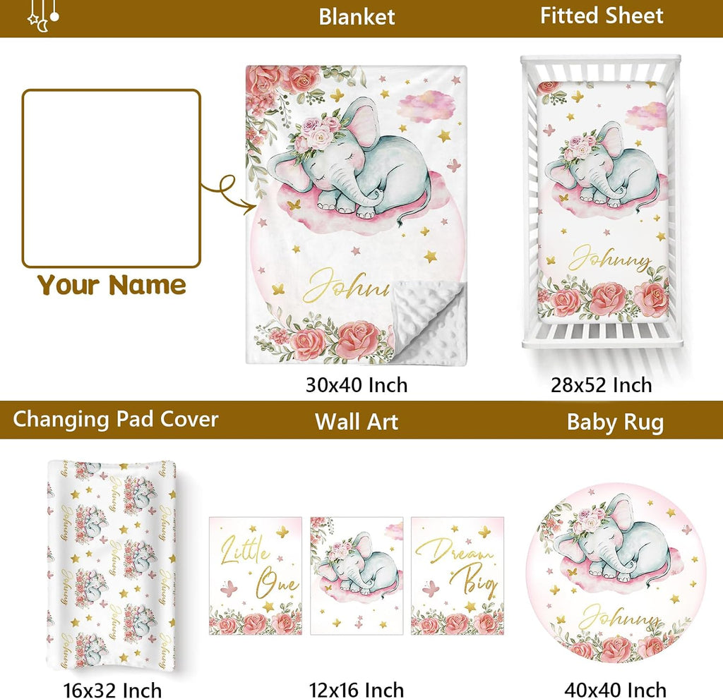Terwex Personalized Baby Bedding Set, 5 Pcs Custom Name Bedding for Girls & Boys - Soft Toddler Crib Sets for Infant Customized Gifts, Pink Elephant