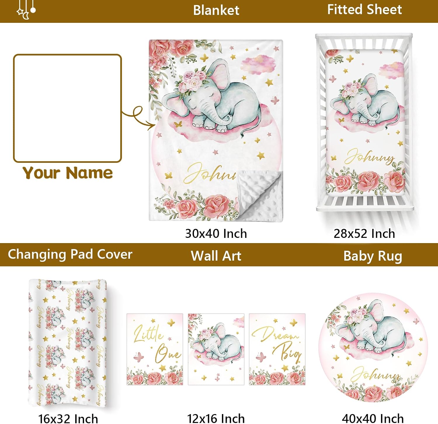 Terwex Personalized Baby Bedding Set, 5 Pcs Custom Name Bedding for Girls & Boys - Soft Toddler Crib Sets for Infant Customized Gifts, Pink Elephant