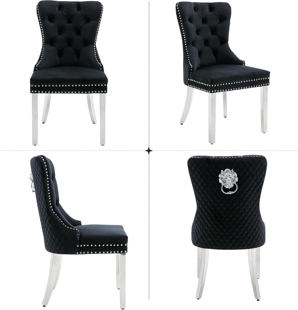 Velvet Dining Chairs Set of 6, Upholstered Dining Room Chairs, Mid-Century Modern Chairs with Diamond Lattice Tufted Back, Lion Pull Ring Rivet Trim, Silver Metal Legs for Kitchen, Black