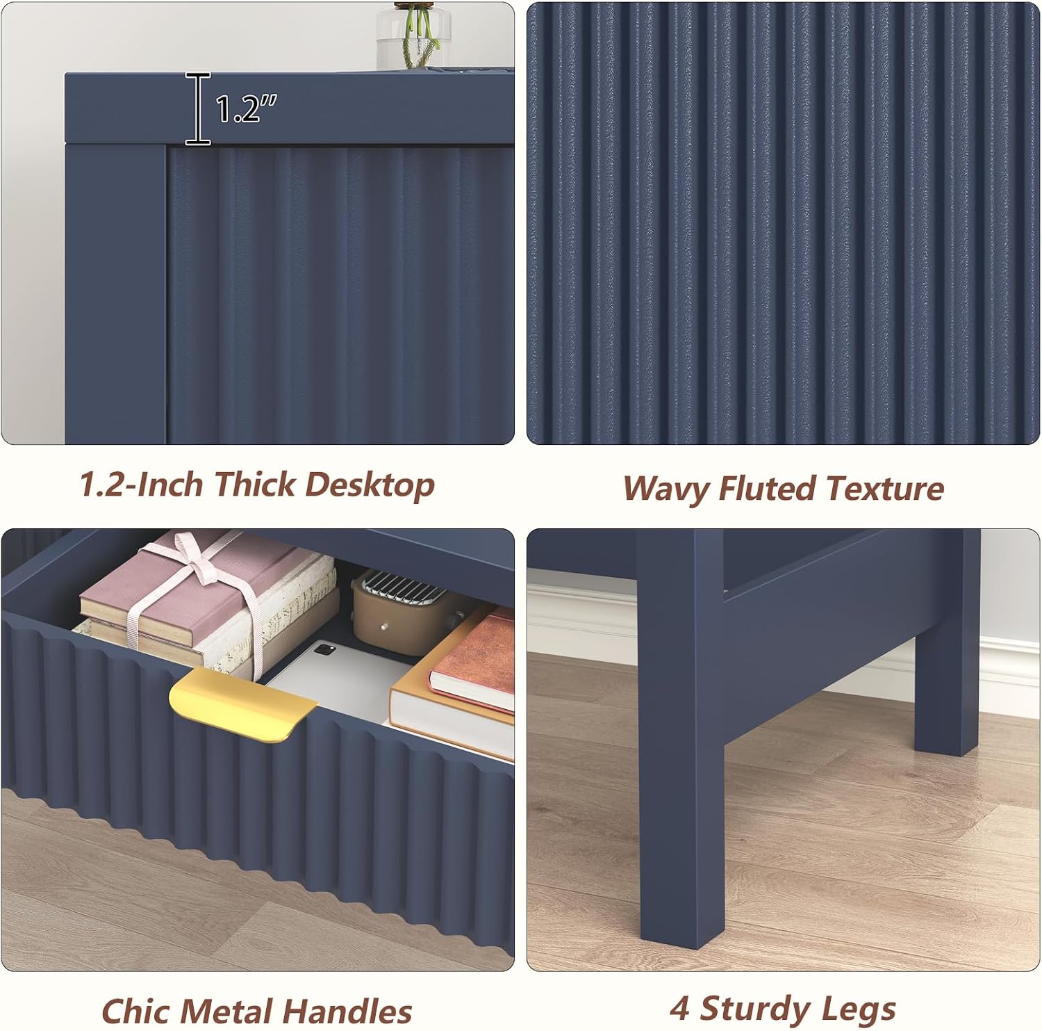 YOMILUVE Fluted Computer Desk with 2 Drawers, 39 Inch Small Computer Desk with Storage, Compact Writing Study Desk for Small Spaces, Blue