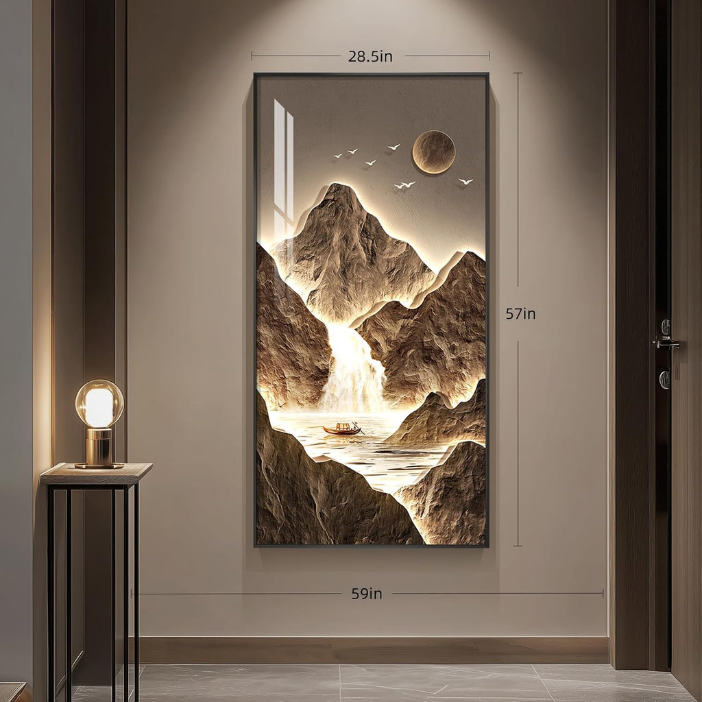 Framed Large Modern Mountain Wall Art for Living Room, Vertical Gold Bright Style Artwork for Walls, Luxury Landscape Scenery Painting Print for Entryway Hallway Stair Home Office Wall Decor, 30x60 In